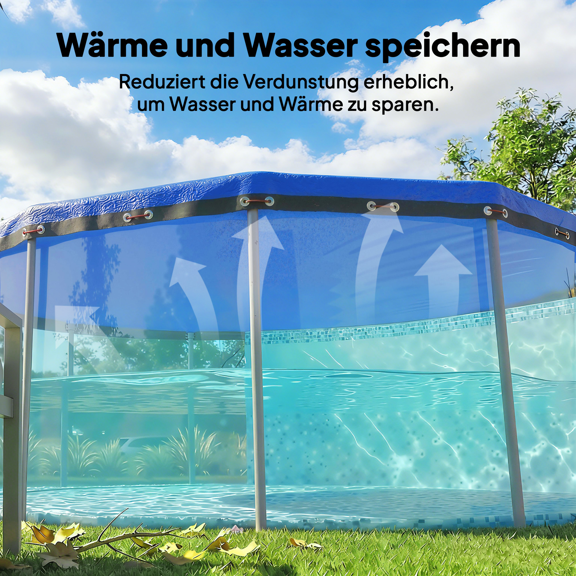 Poolabdeckung rund Ø 550 cm staub- und wasserdichte Abdeckplane mit Sicherungsseil Spanner für Sommer & Winter, Blau