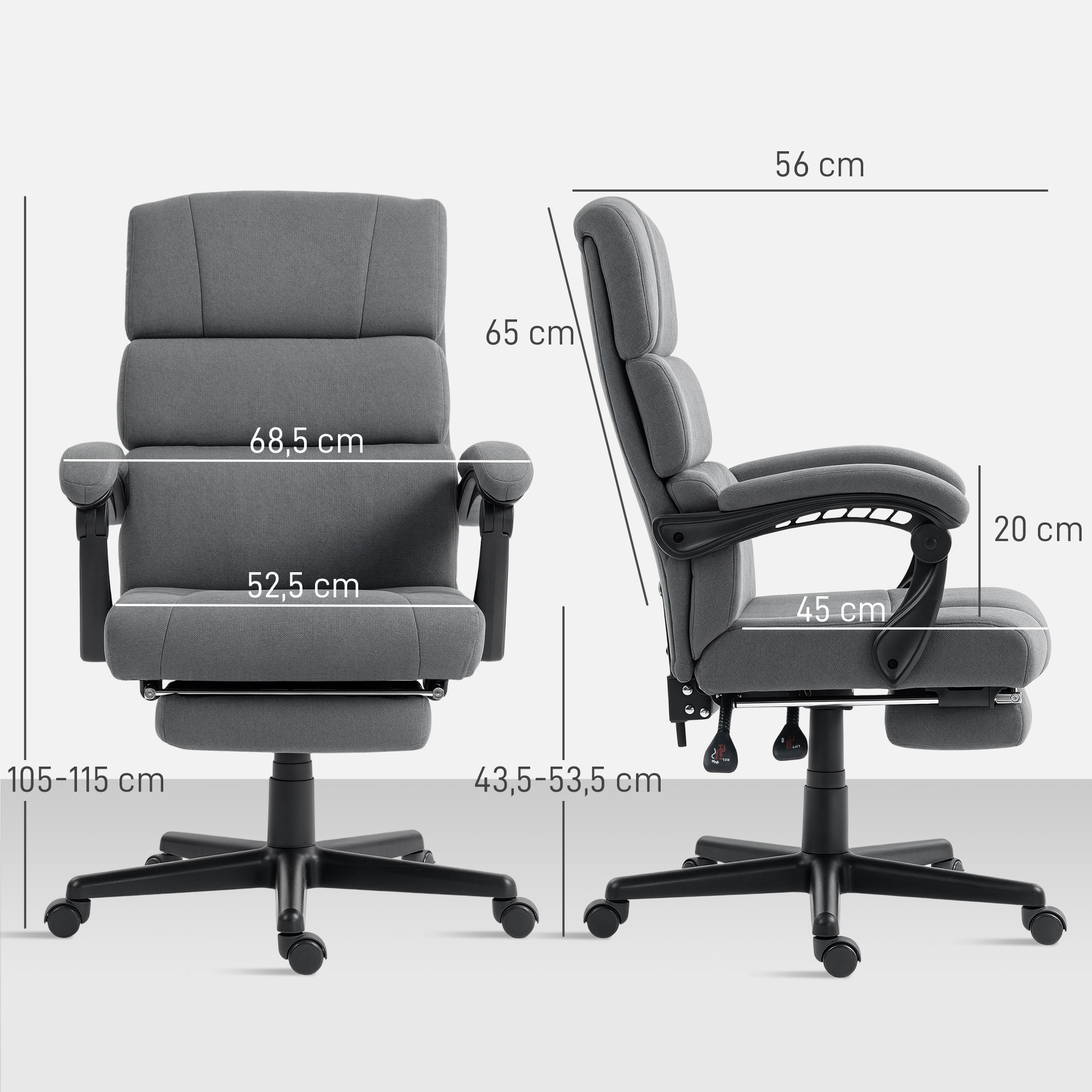 gepolsterter Bürostuhl mit Samt-Optik, höhenverstellbar, rollbar, Grau