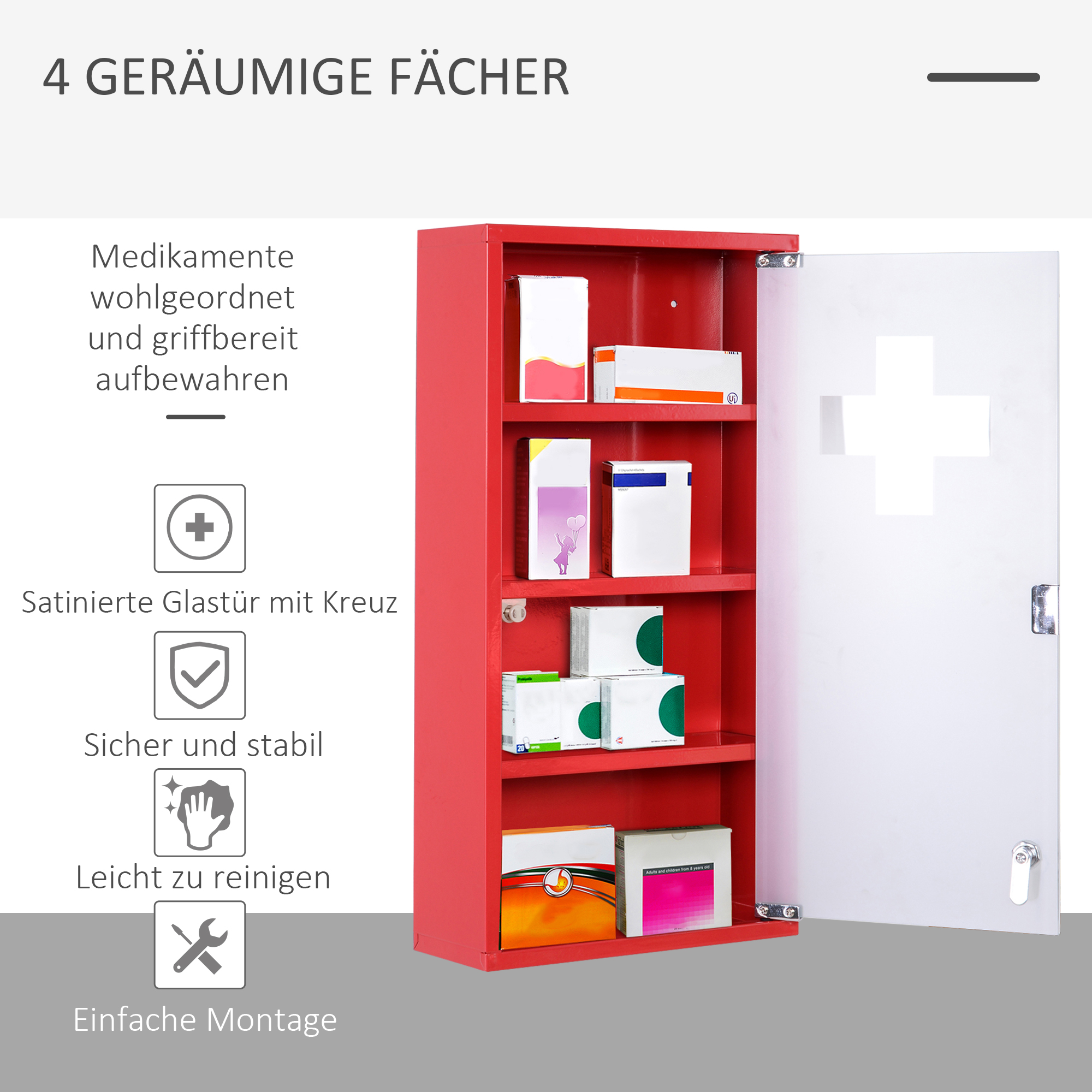 Medizinschrank aus Stahl Arzneischrank zur Medikamenten-Aufbewahrung, Abschließbar Apothekerschrank mit 4 Fächer, Glastür, 60 x 30 x 12 cm, Rot