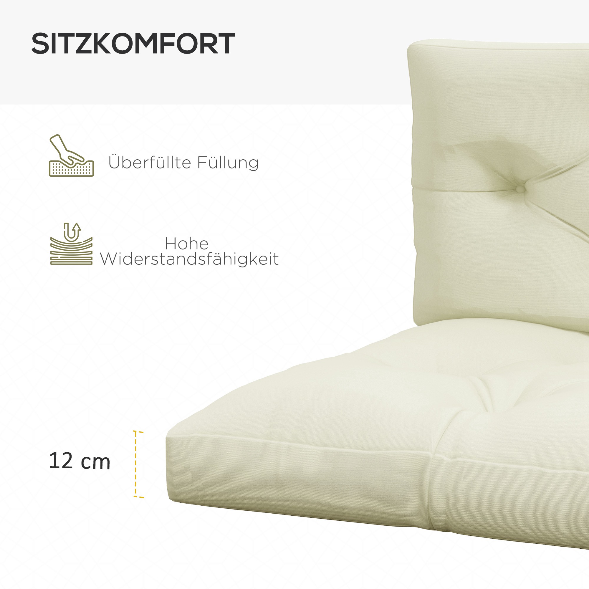 Sitzpolster Sitzkissen Polsterauflage, mit Knopfheftung, 120 x 80 x 12 cm, Cremeweiß