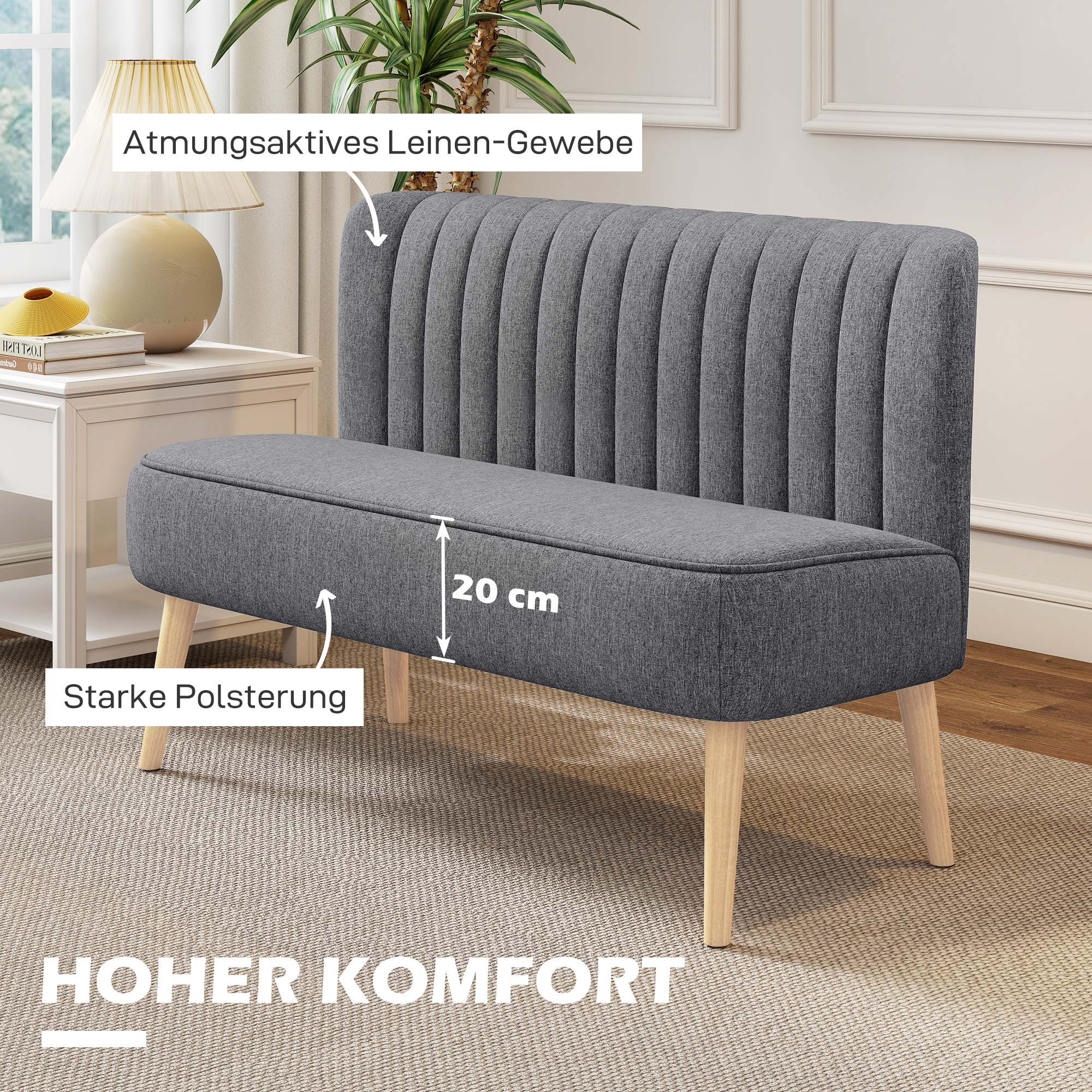 Sofa 2 Sitzer, Polstersofa Leinenoptik, Holzrahmen, Für Wohnzimmer Schlafzimmer, 117 cm, Grau
