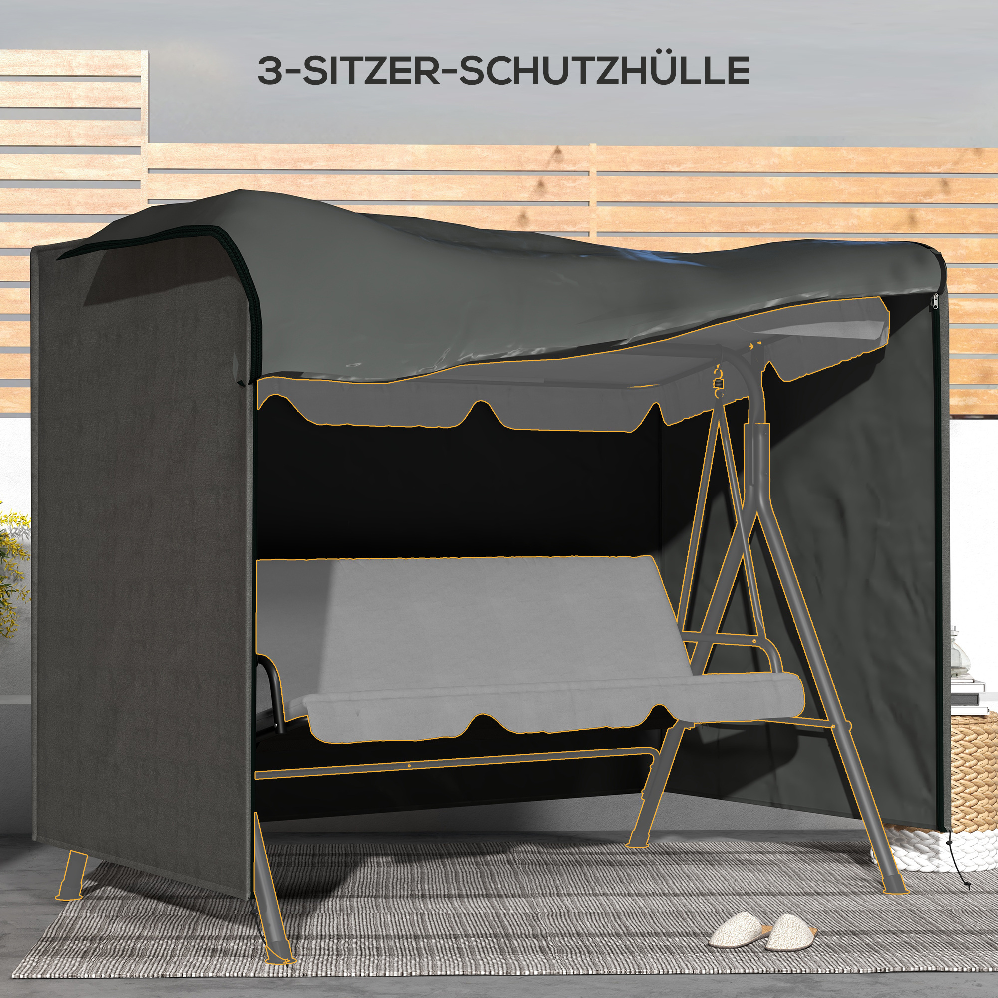 Abdeckung für Gartenschaukel, Schutzhülle für Hollywoodschaukel, Abdeckhaube, wasserfest, 205 x 124 x 164 cm, Dunkelgrau