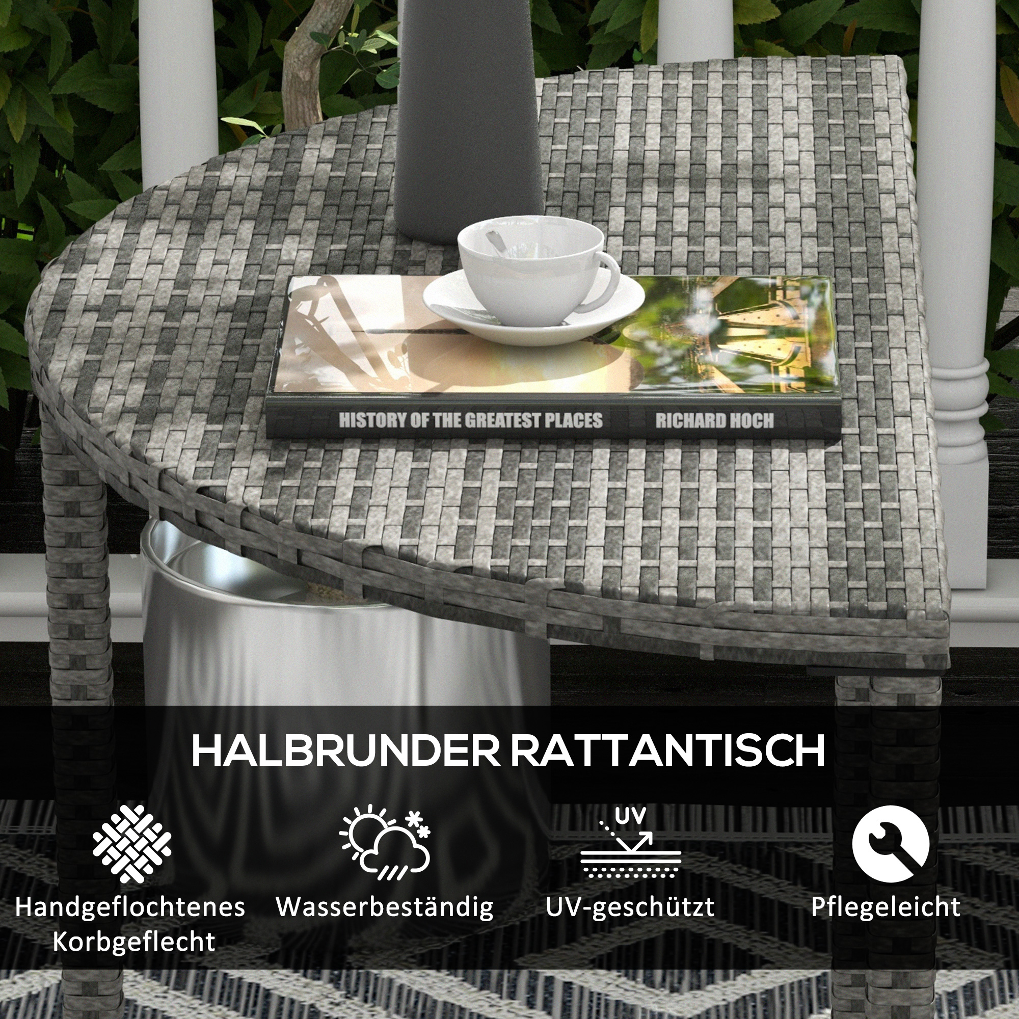 Balkontisch, halbrund, Polyrattan+Metall, 100x50x74 cm, Grau