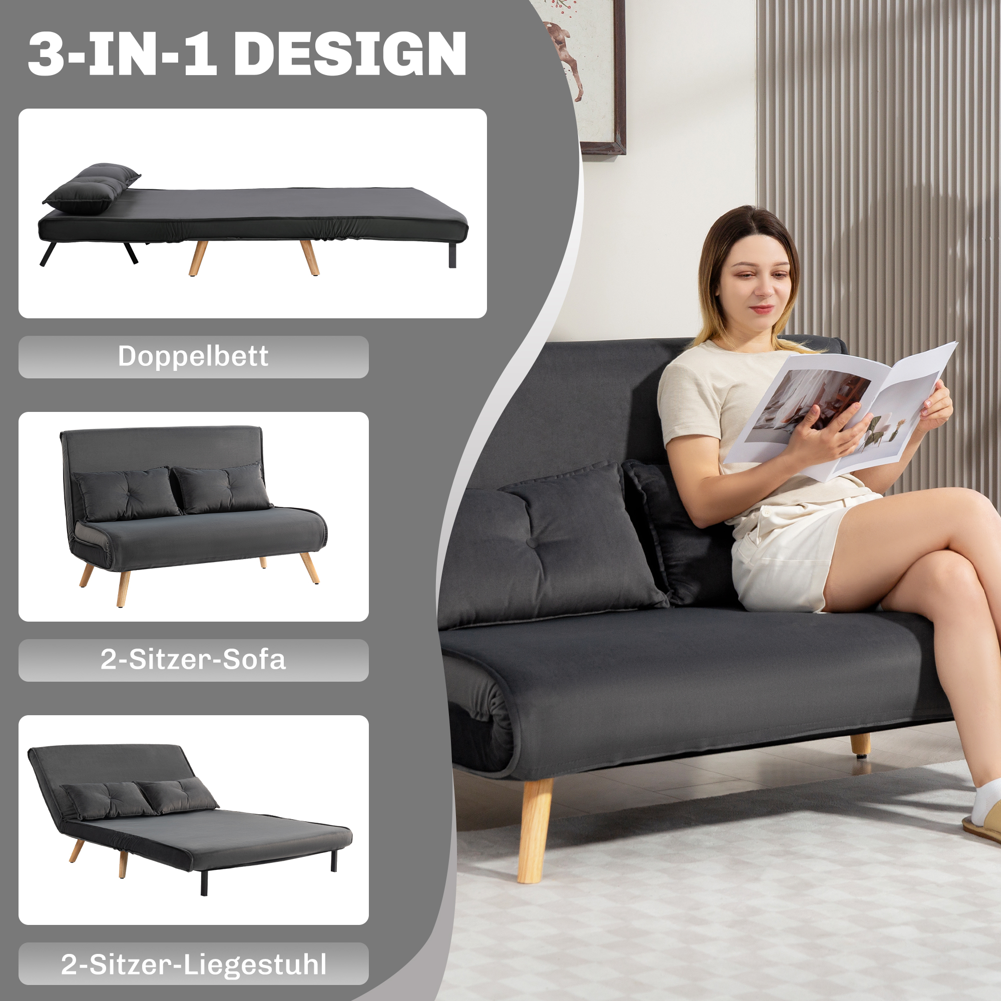 2-Sitzer-Schlafsofa, Bettsofa, in Bett umwandelbare Couch, verstellbare Rückenlehne, Stoffbezug, Metallrahmen, Grau