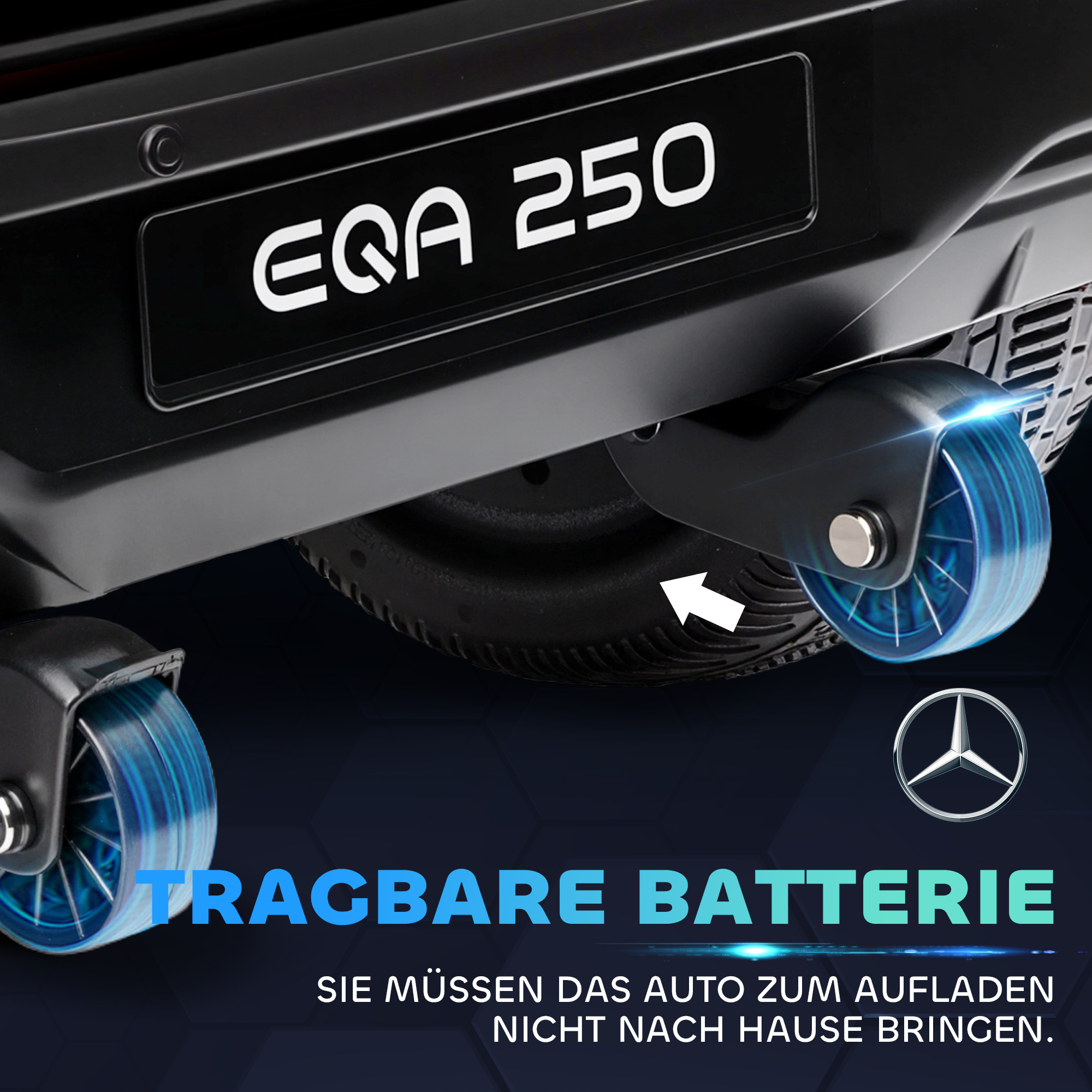 Elektro Kinderauto, lizenzierter Mercedes-Benz EQA, 3-8 km/h, Musik, Scheinwerfer, Hupe, Fernsteuerung, schwarz