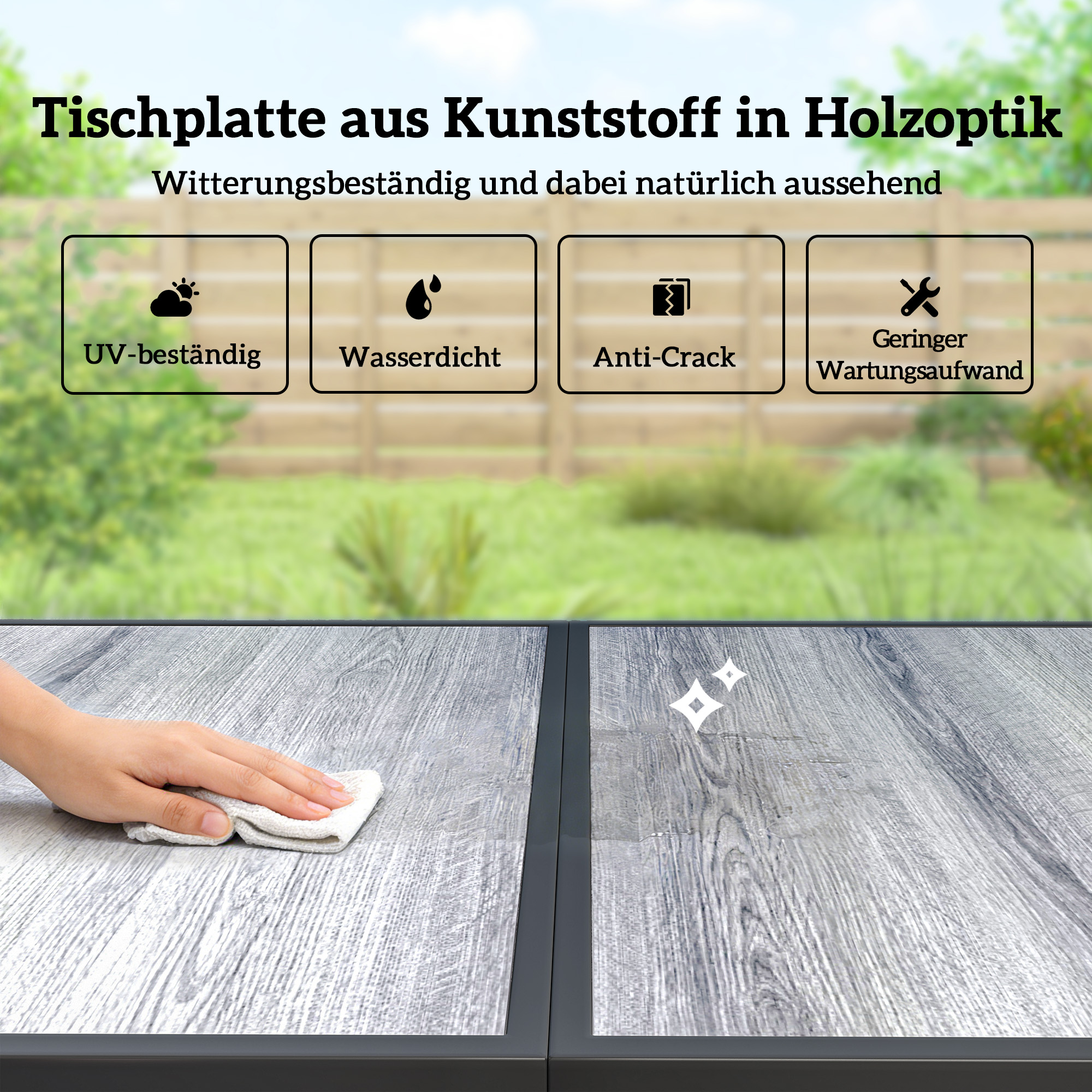 Gartenmöbel Set Sitzgruppe 150 x 80cm Tisch mit 6 Atmungsaktiven Stühlen Holzoptik Stahlrahmen Schwarz