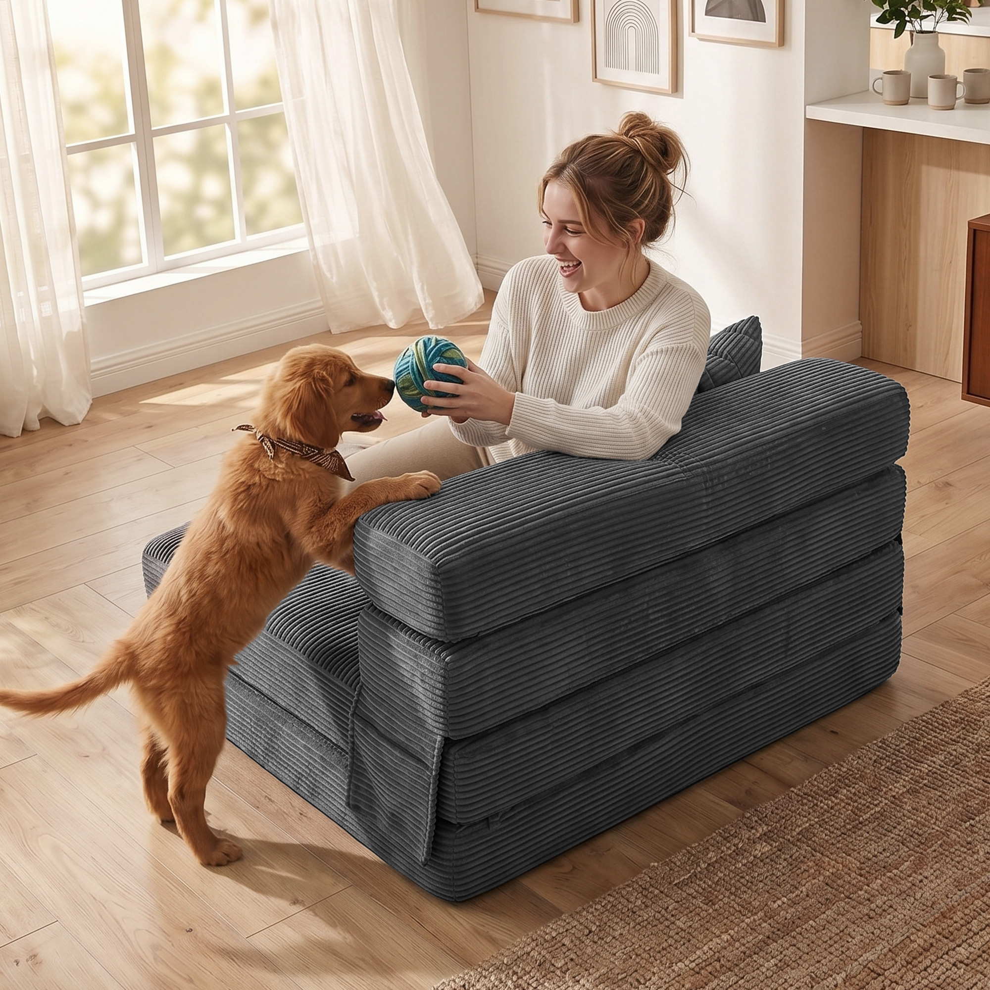 2-in-1 Boneless Cloud Bodenstuhl, klappbares Schlafsessel mit Cord-Optik & Lendenkissen, Dunkelgrau