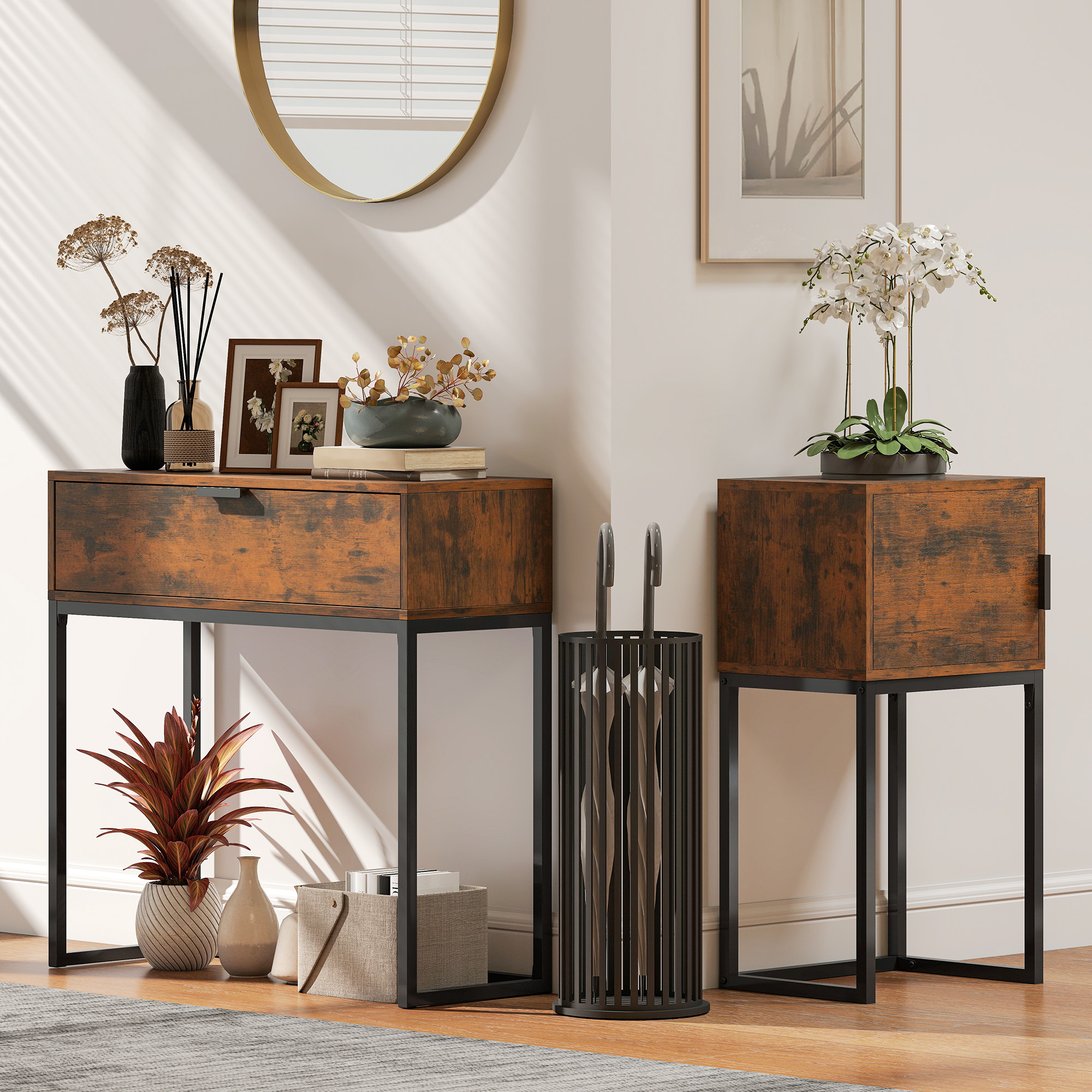 Konsolentisch Schmal, Schrank, Industrie-Design, Wohnzimmer Flur, 40x30x76cm, Rustikal-Braun