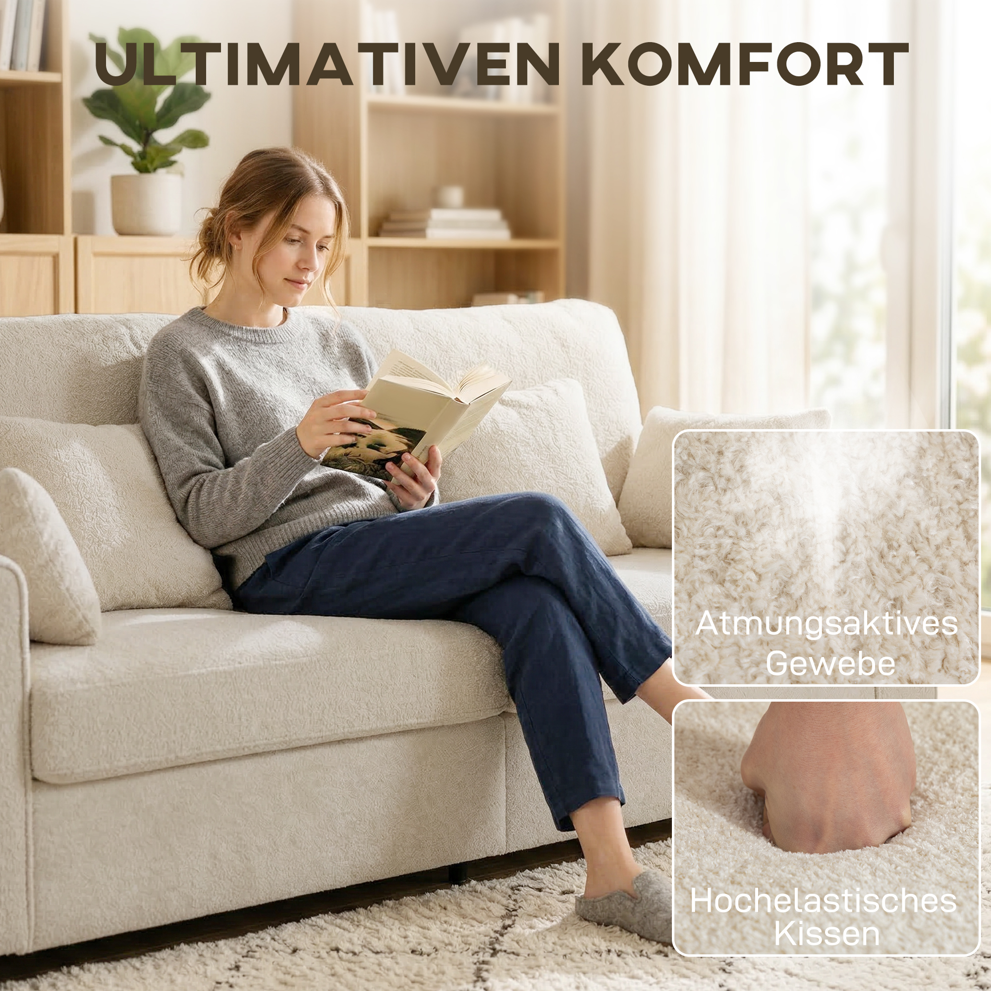 beiges 3-Sitzer-Sofa mit Raindrop-Samtbezug, tiefem Sitz, Federkissen, breiten Armlehnen und 4 Kissen