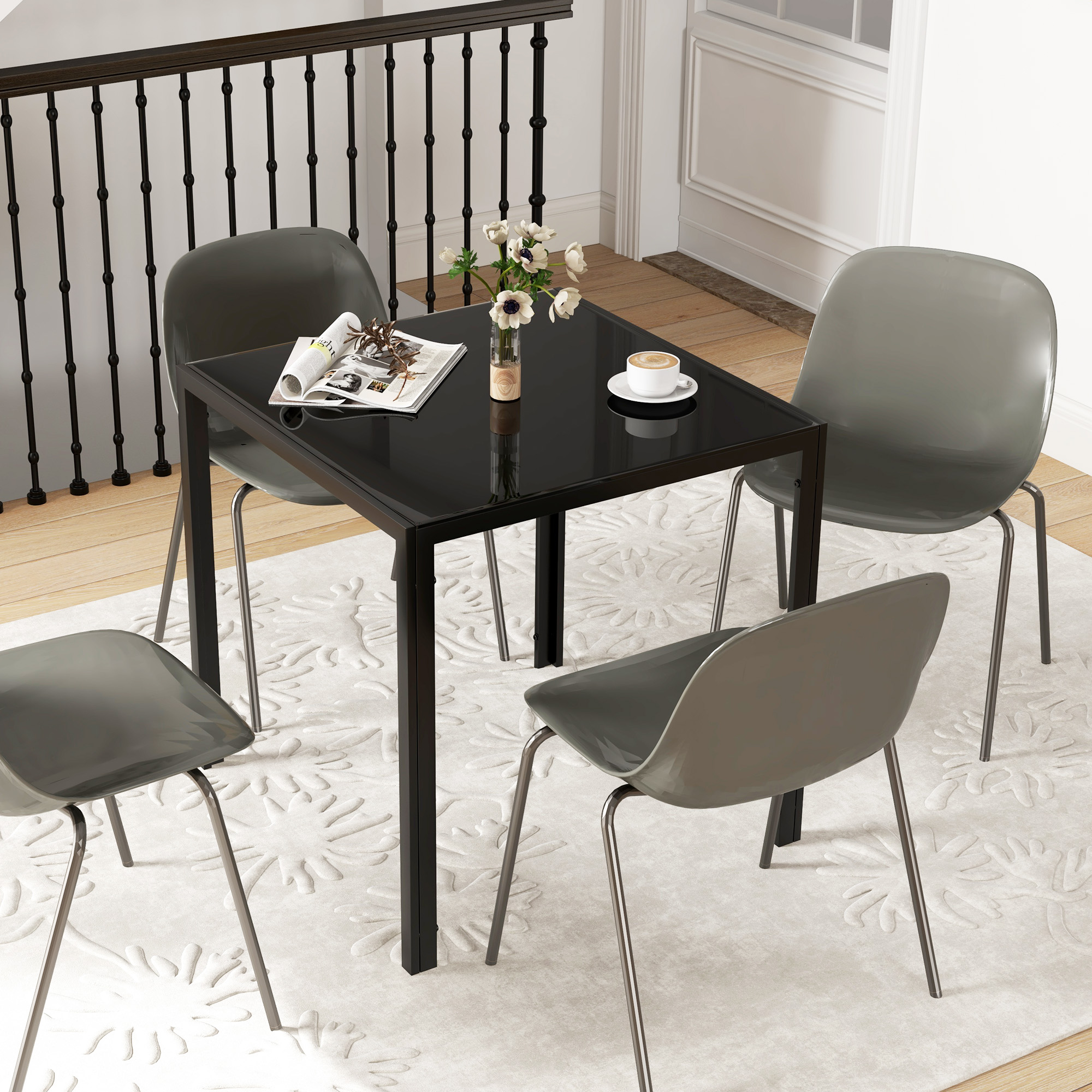 Quadratischer Esstisch für 4 Personen, Tischplatte aus Hartglas, für Küche und Esszimmer, 75 x 75 x 75 cm, Schwarz