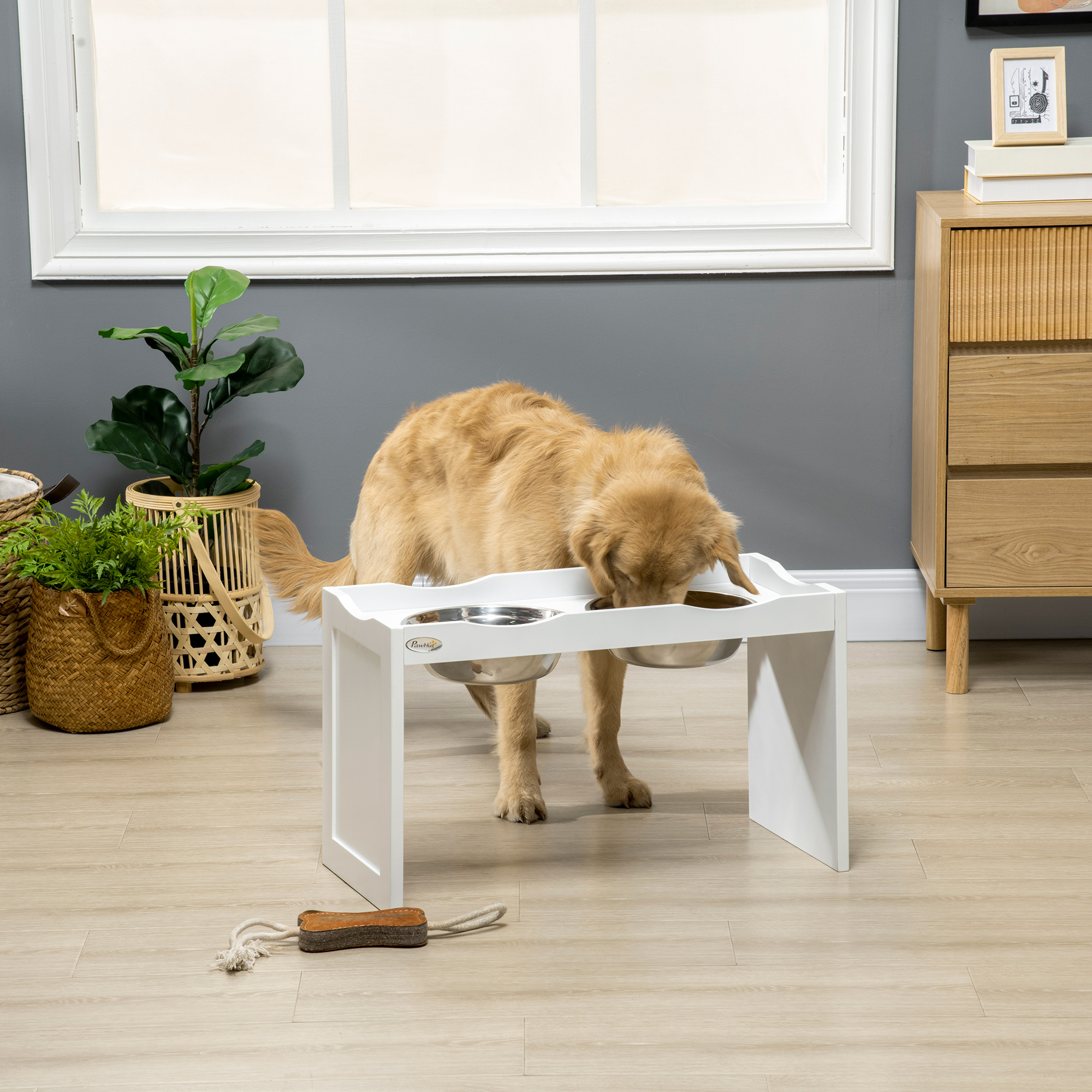 Futterstation, Napfständer, 2 Fressnäpfe je 2 Liter, Edelstahl, für große Hunde, weiß, 63 x 30 x 24cm