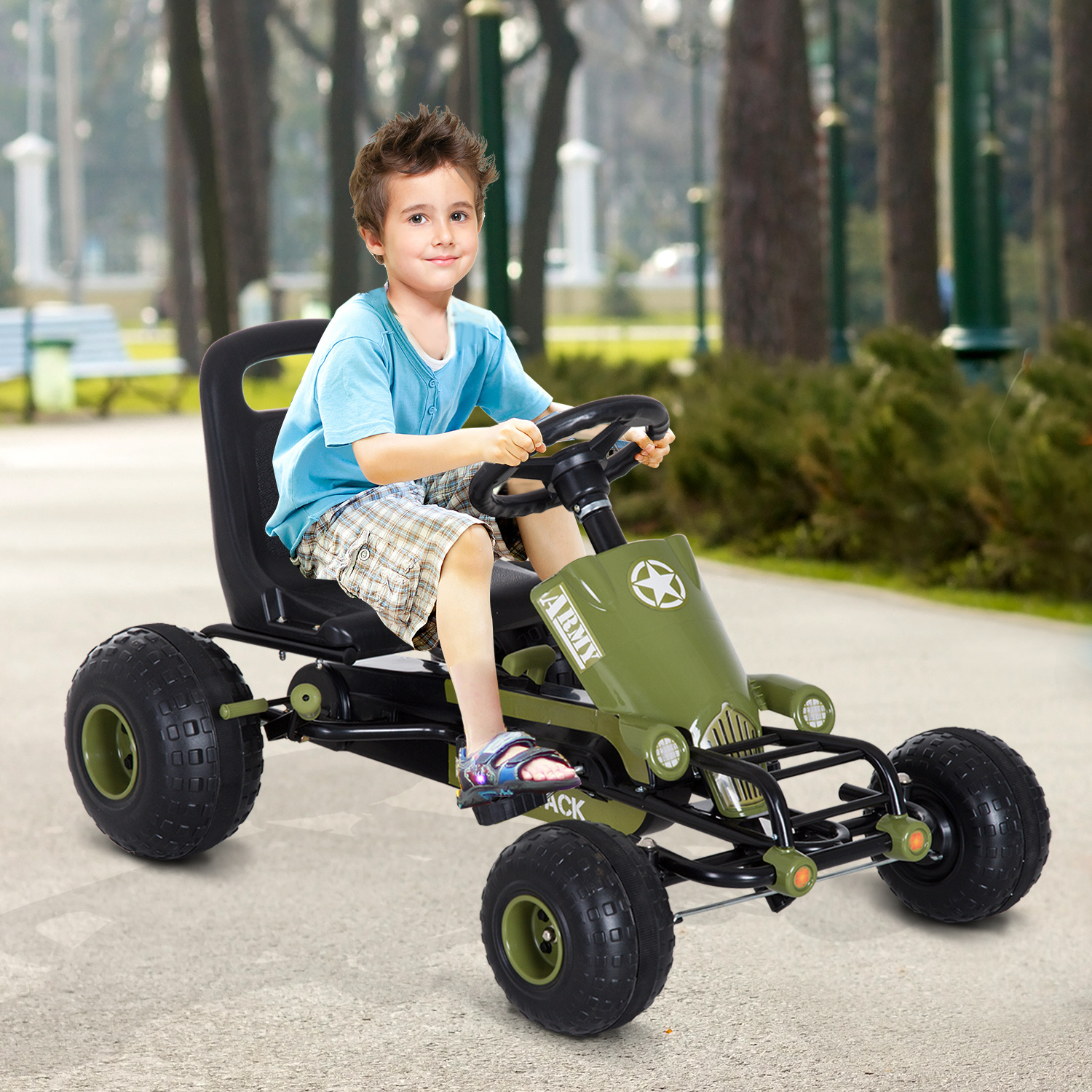 Go Kart Tretauto Tretfahrzeug mit Handbremse, Vor- und Rückwärtsgang, Kinderfahrzeug Kettcar Tretfahrzeug mit Verstellbarem Sitz für Kinder 3-6 Jahren, 99 x 65 x 56cm Grün