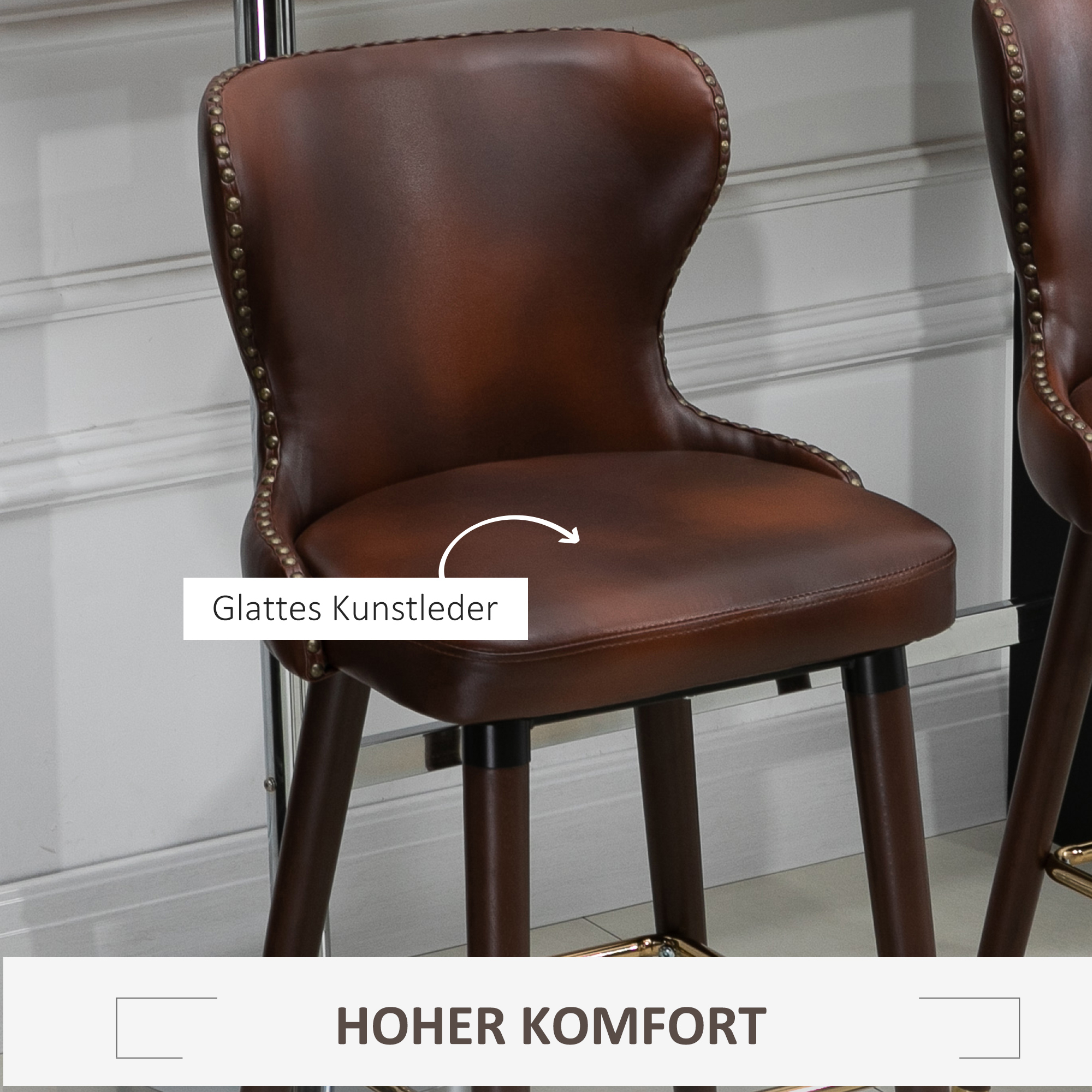 2er-Set Barhocker mit Fußstütze, Barstuhl mit Rückenlehne, Bistrohocker, Esszimmerstuhl, Tresenhocker, Kunstleder, Braun, 52 x 53 x 101 cm
