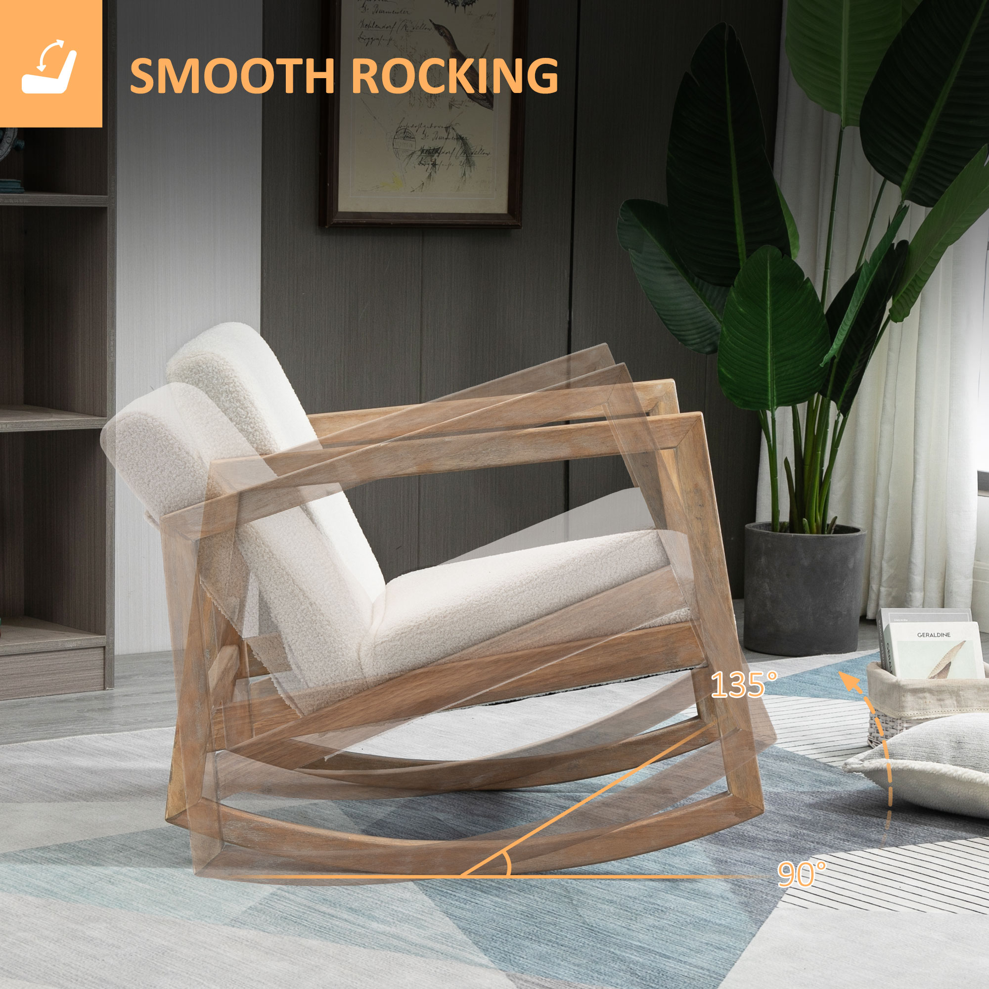 Schaukelstuhl mit Holzrahmen gepolstert Relax Stuhl Sessel Stuhl Wohnzimmersessel Lounge mit gepolsterter Sitzfläche Kautschukholz Cremeweiß 60 x 81 x 71 cm