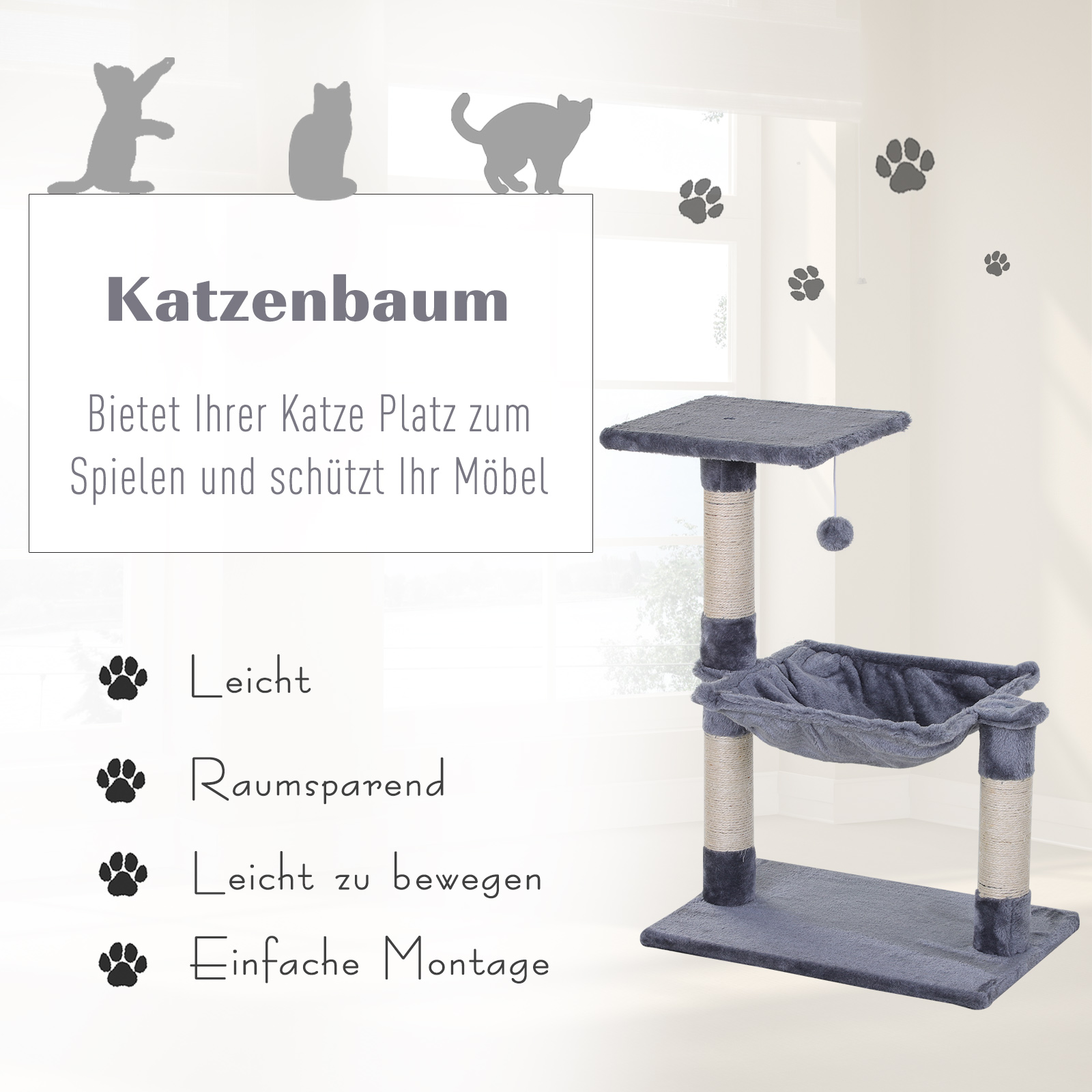 Kletterbaum Katzenbaum Kratzbaum mit Sisalsäule Plüsch-Hängematte Spanplatte Grau 50 x 36 x 70 cm