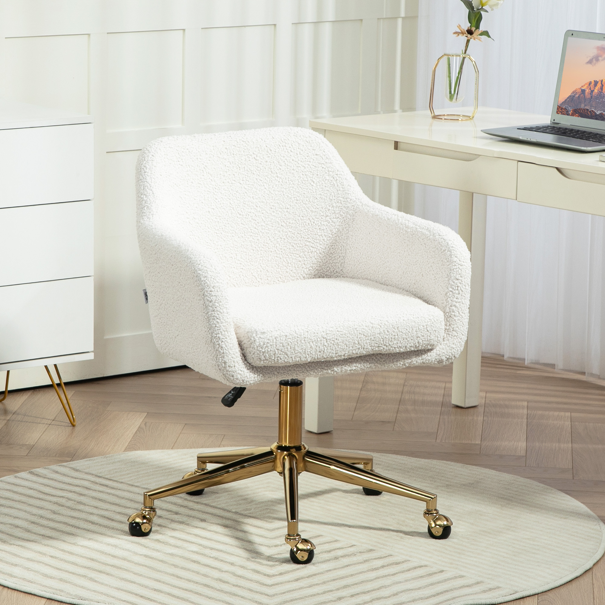 Homeoffice-Stuhl, höhenverstellbarer Bürostuhl mit Rollen, Samtartiger Bezug, Metallbasis, Cremeweiß