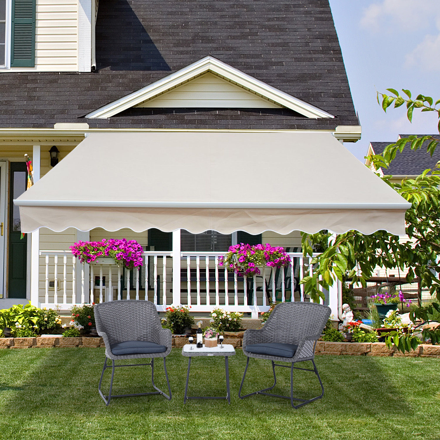 Gelenkarmmarkise Verstellbare Klemmmarkise Terrassenmarkise 4,5 x 3m Sonnenschutz mit Kurbel, Balkonmarkise, Beige