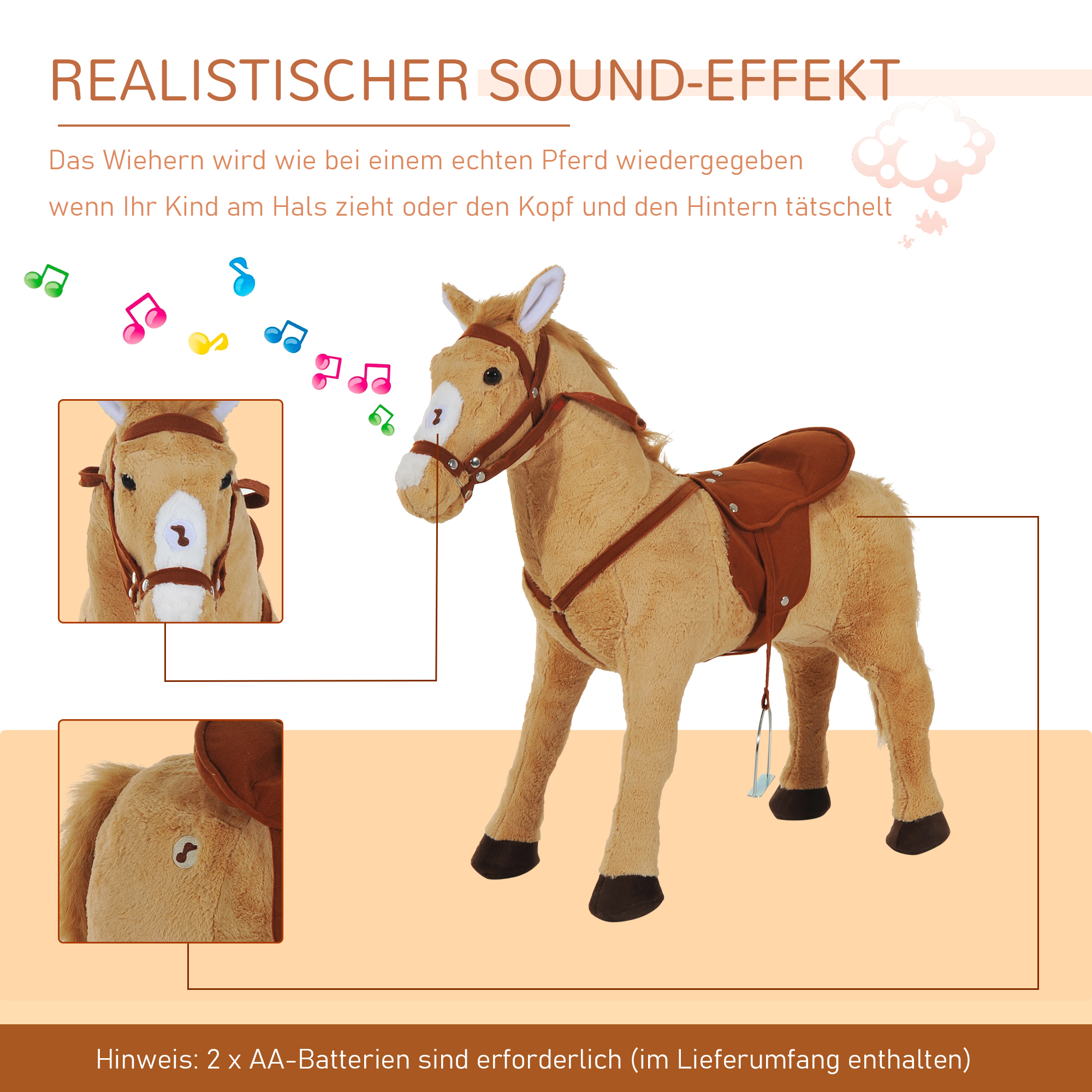 Reitpferd 60 cm Stehpferd mit Sattel, Zaumzeug Steigbügel Sound Spielpferd zum Reiten Draufsitzen Schaukeltier für Kinder ab 2 Jahre, Schaukelpferd Plüschpferd Indoor Outdoor Beige