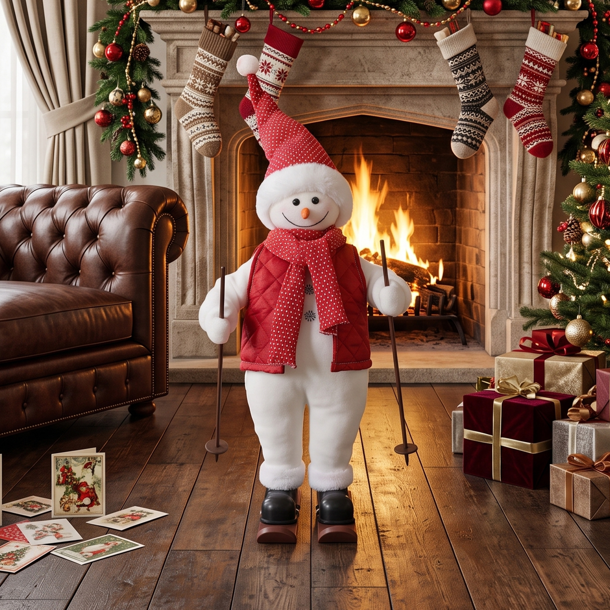 Singender Skifahrer-Weihnachtsmann, 65 cm, animierte Weihnachtsfigur mit Skiern, Stöcken und Sound-/Berührungsaktivierung