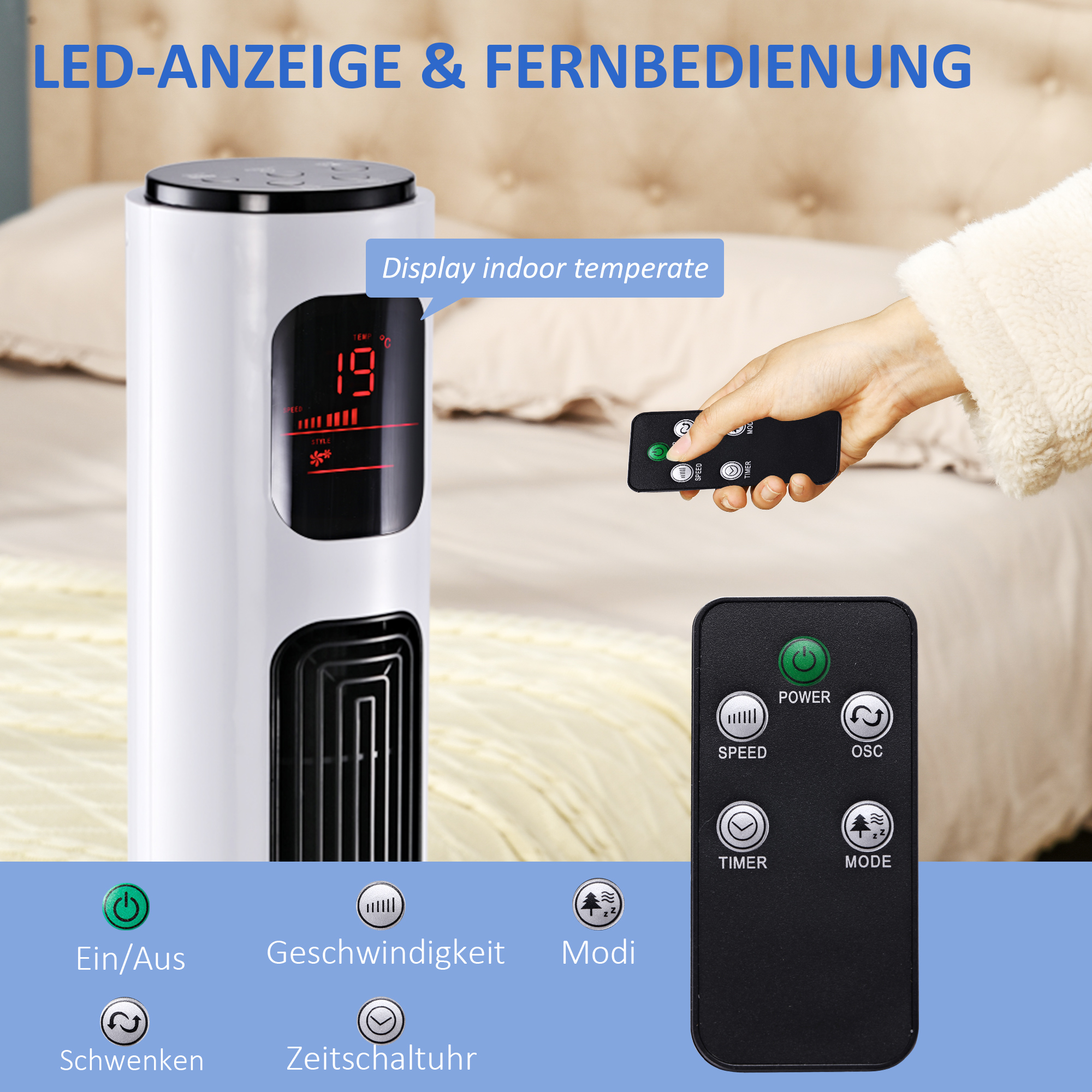 Turmventilator mit Fernbedienung 70° oszillierender 96 cm Standventilator Säulenventilator 45 W mit 3 Modi 3 Geschwindigkeiten Timer Weiß
