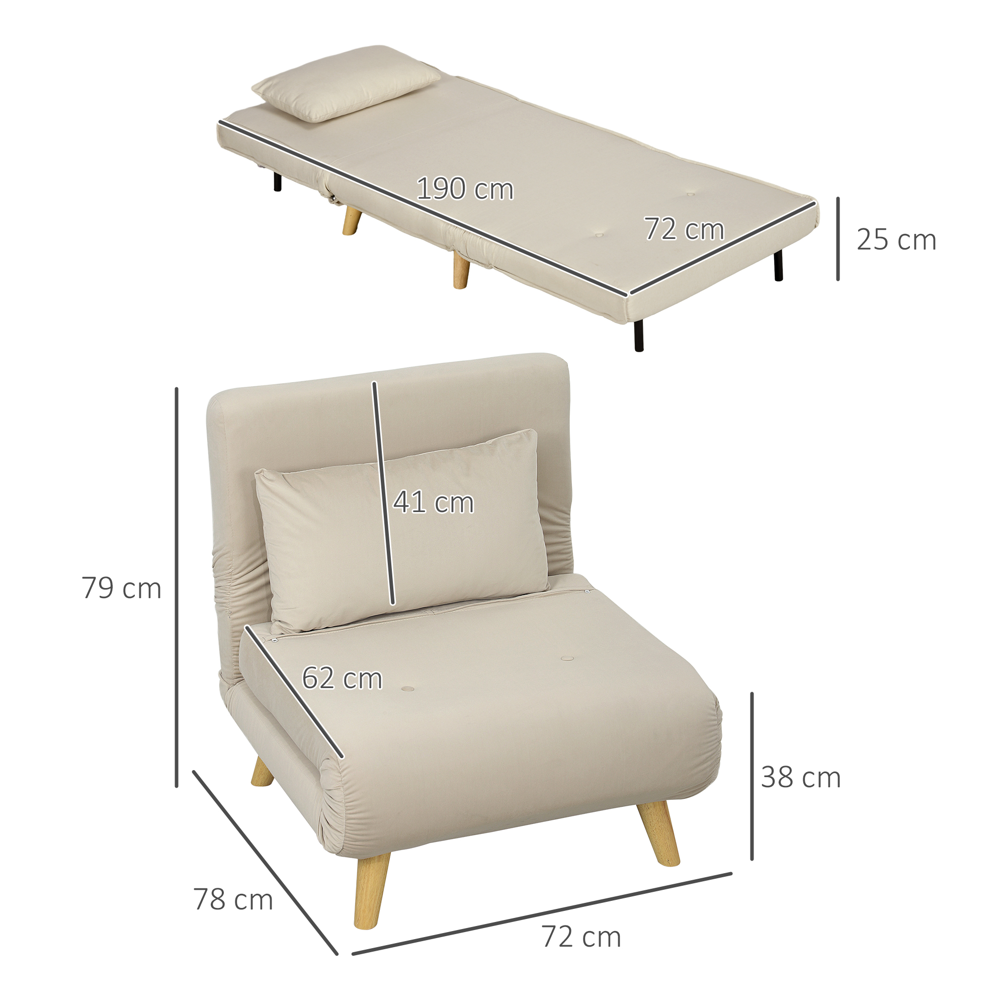 Klappsessel mit Bettfunktion, Klappbarer Relaxsessel in Samtoptik, Verstellbare Lehne, bis 120 kg belastbar, Beige