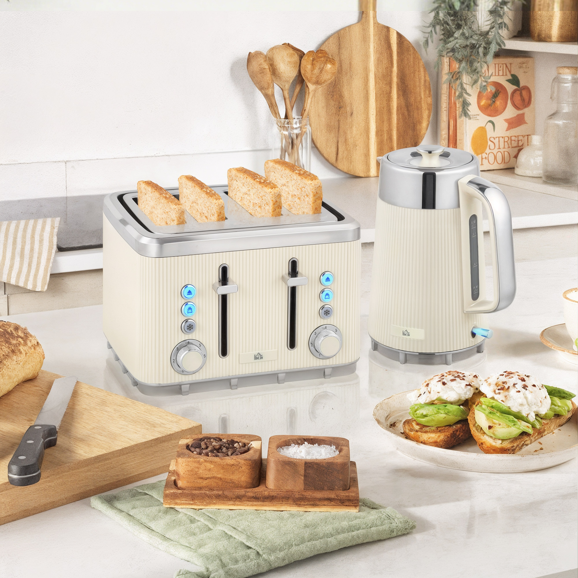 2200W, 1,7L Wasserkocher mit Schnellkochfunktion, Kalkfilter und 4-Scheiben-Toaster mit 7 Bräunungsstufen, Cremeweiß