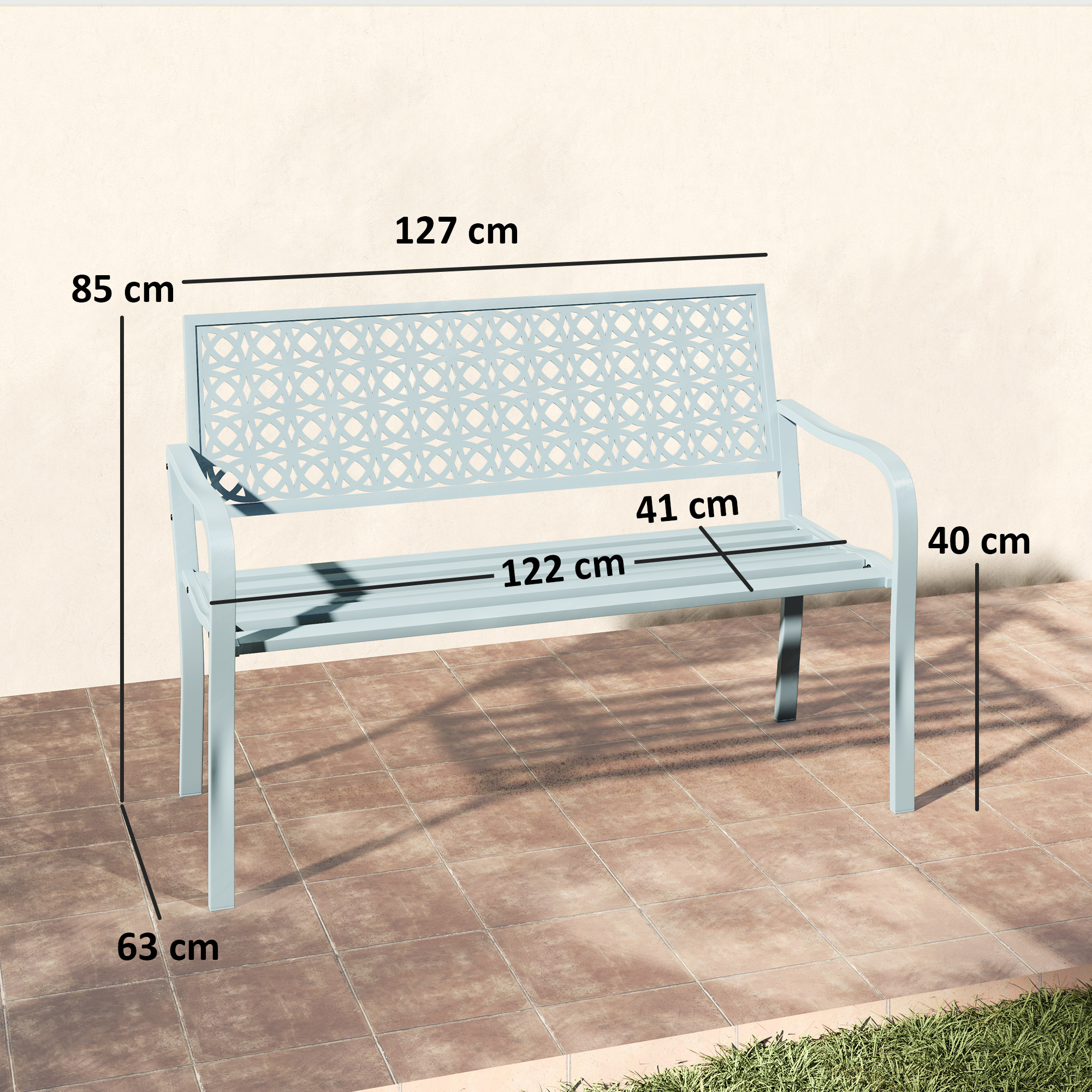 Außenbank, Gartenbank aus Stahl, Ausgeschnittene Rückenlehne, Armlehnen, für 2 Personen, Blau