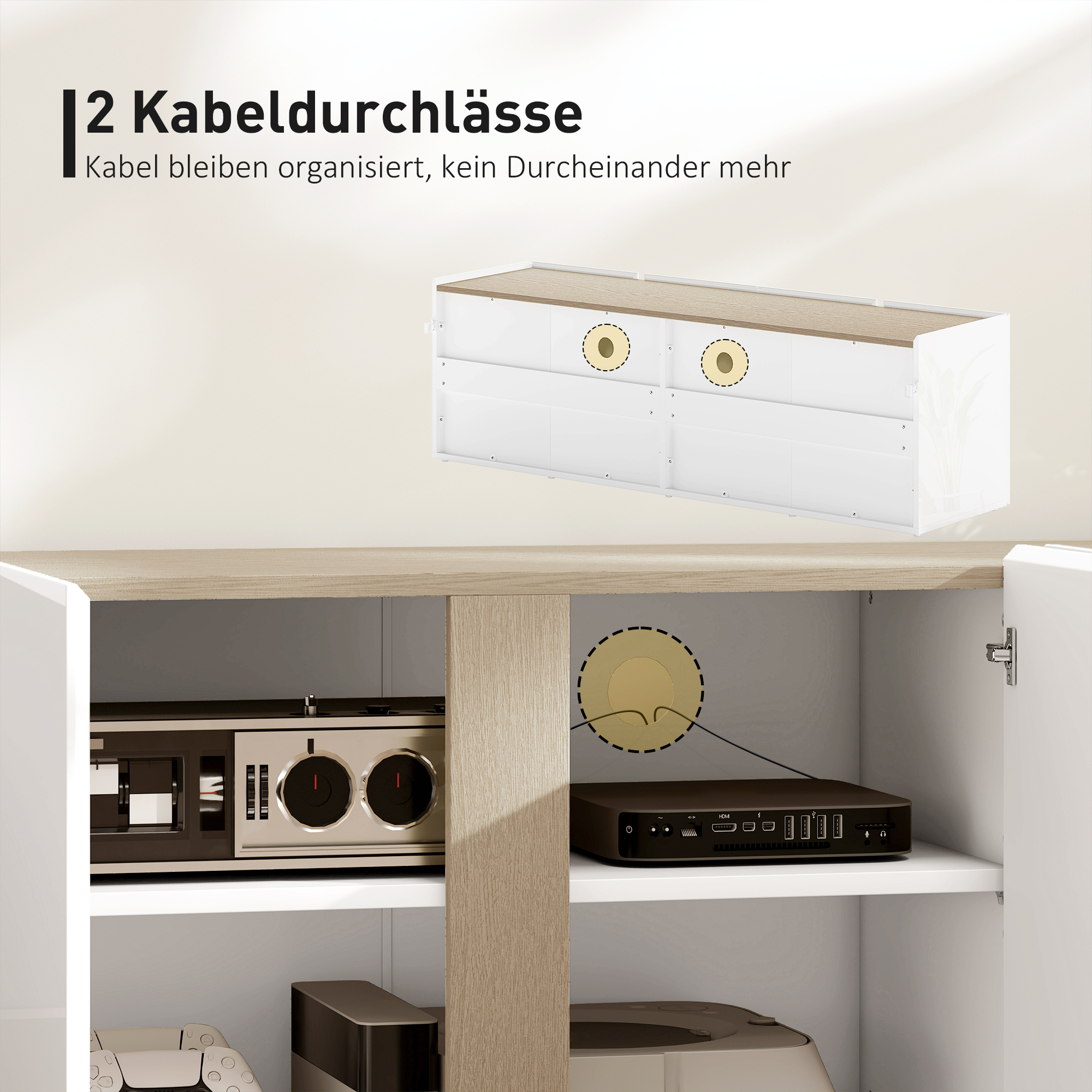 TV-Kommode für 65-Zoll-Fernseher, Fernseh-Schrank mit Soft-Close-Türen, anpassbare Regale, Kabellöcher, für Wohnzimmer, Weiß