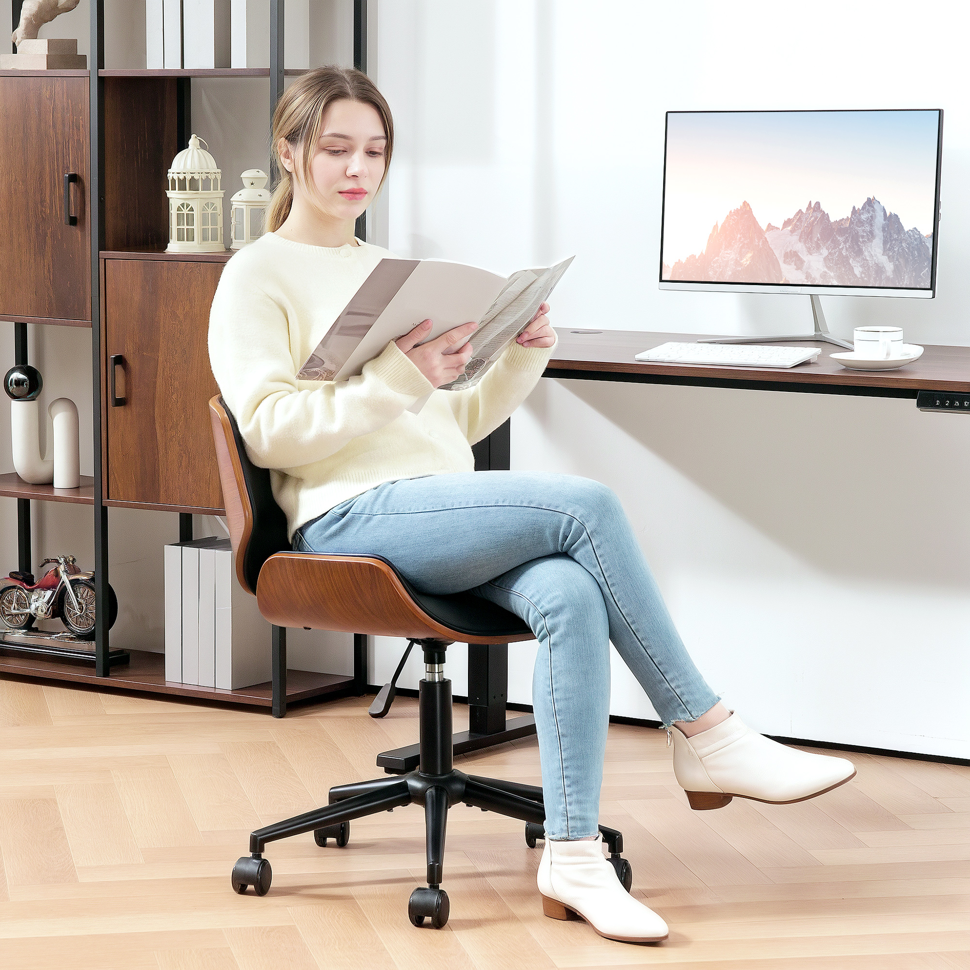 Homeoffice Stuhl aus Kunstleder höhenverstellbar Drehstuhl bis 135 kg belastbar 52 x 54 x 74-84 cm Schwarz+Walnussbraun