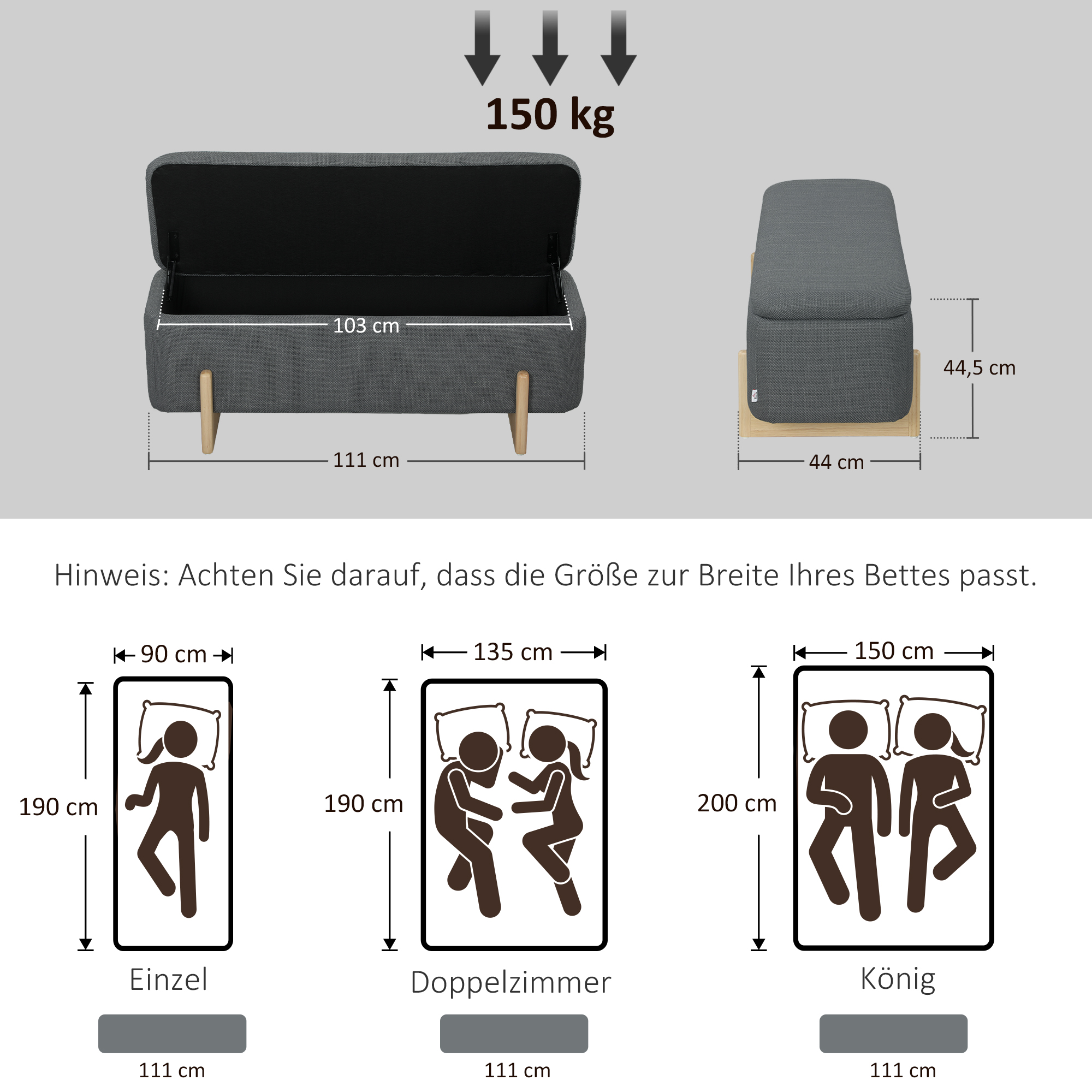 Hocker mit Stauraum, Sitzbank mit Schaumstoffpolsterung, Leinenimitat, 111 x 44 x 44,5 cm, Dunkelgrau