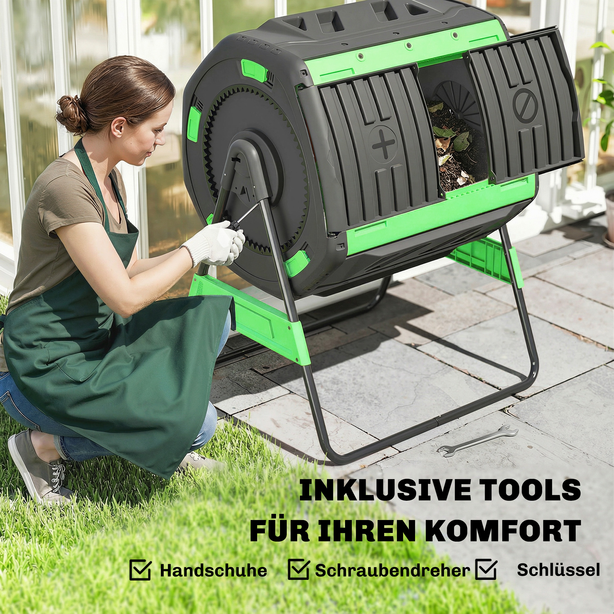 Kompostbehälter, 200L Dualkammer-Komposter mit verstellbaren Lüftungsschlitzen, BPA-frei, Grün