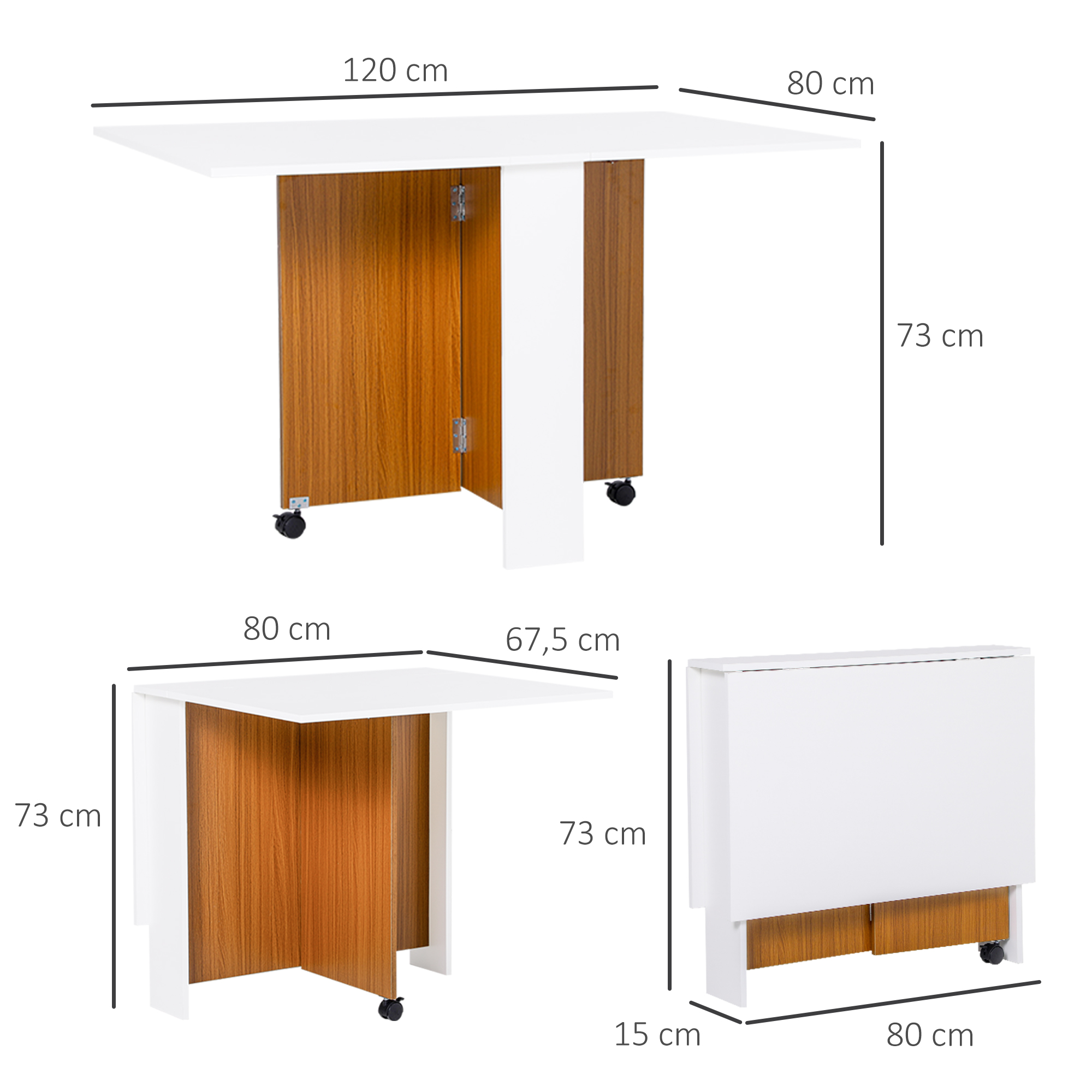 ausklappbarer Esstisch, ausziehbarer Esstisch, mobil, modernes Design, 120 cm x 80 cm x 73 cm, Teak + Weiß
