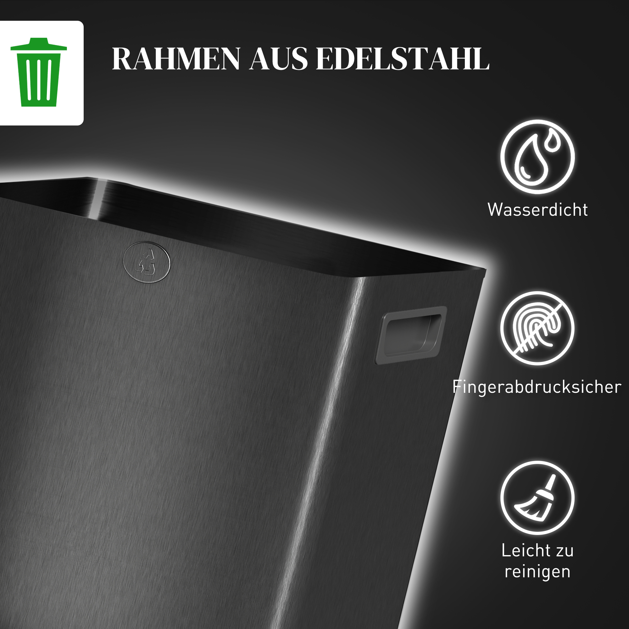 2 x 15 L Doppelmülleimer, Pedalöffnung, leicht zu reinigen, Edelstahl, Kunststoff, Schwarz