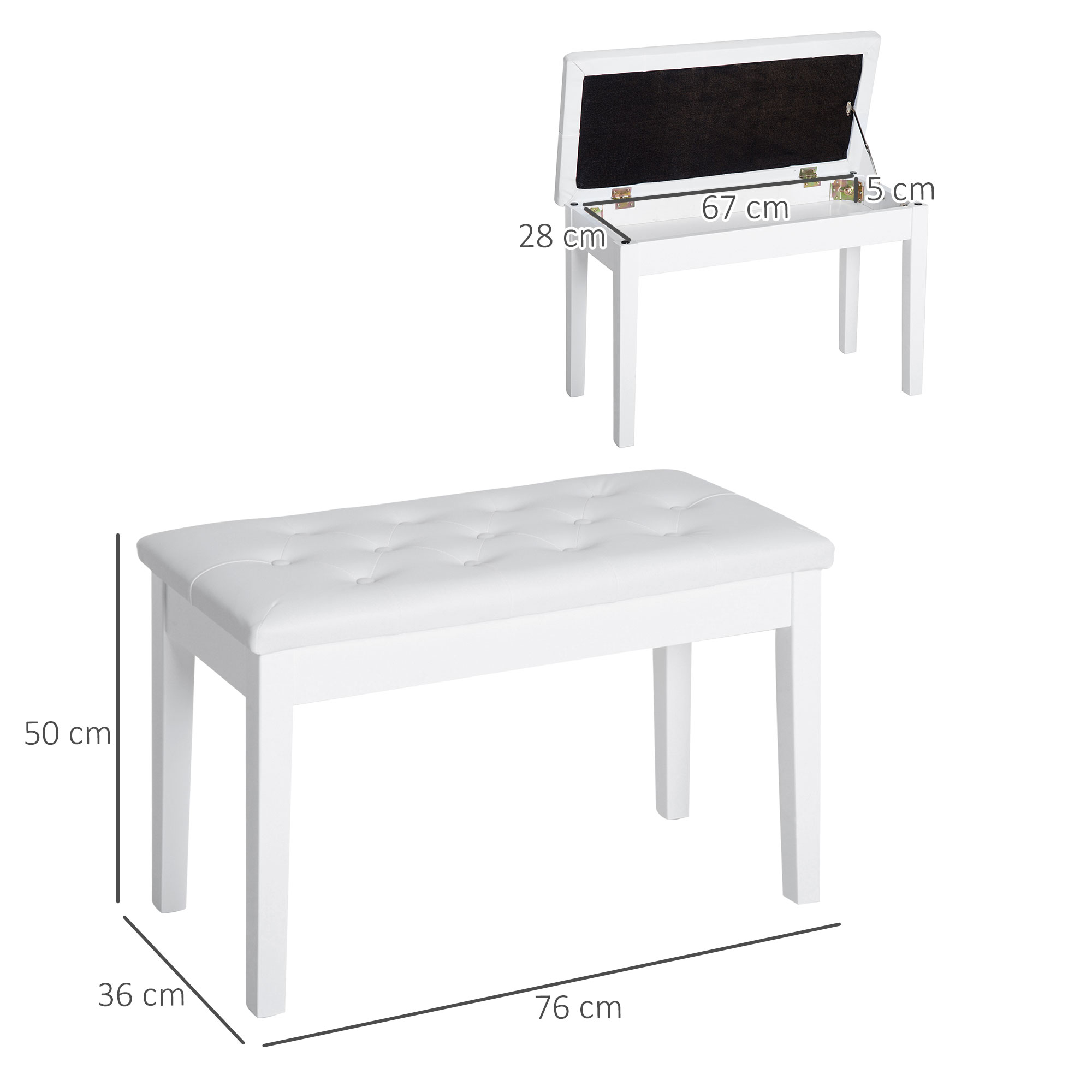 Klavierhocker, Klavierbank mit Verstecktem Stauraum, Klavierstuhl mit Kunstleder Kissen, Pianobank, Massivholz Keyboardbank für Piano, Keyboard, 76 x 36 x 50 cm, Weiß