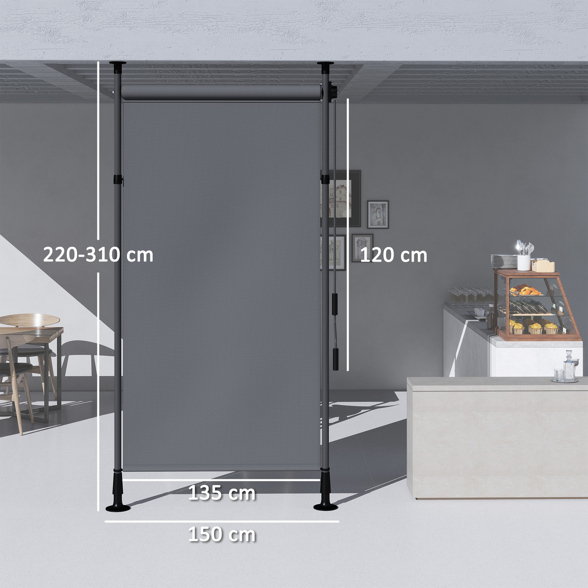 freistehende Markise, verstellbare Länge, Montage ohne Bohren, Aluminiumrahmen, 1,5 x 2,2-3,1 m, Dunkelgrau