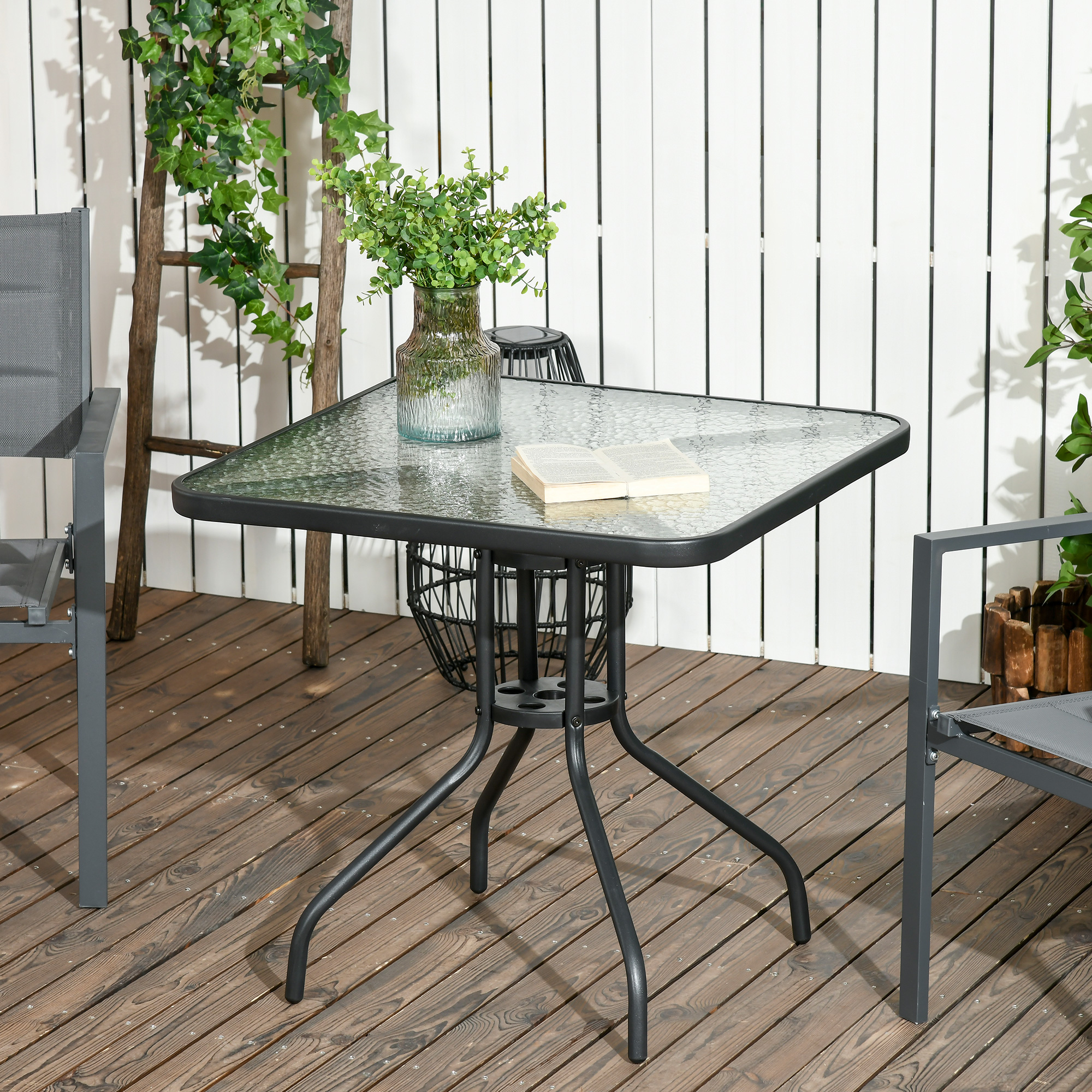 Gartentisch Abnehmbar Metall 76x76 cm Wetterfest Balkontisch mit Schirmloch, rutschfest Schwarz