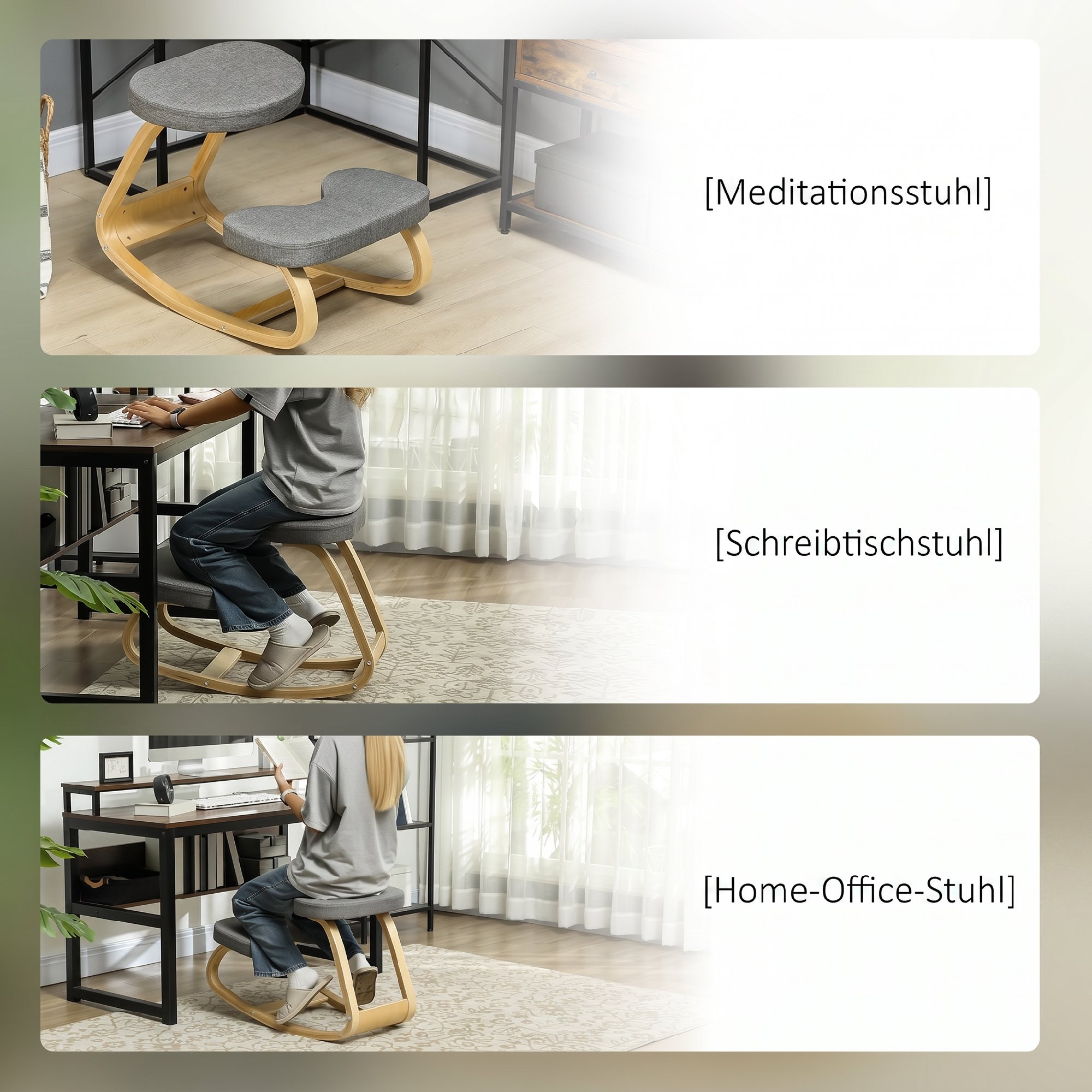 Kniestuhl, Ergonomischer Kniehocker mit Leinenoptik, Basis aus Birkenholz zur Verbesserung der Nackenschmerzen