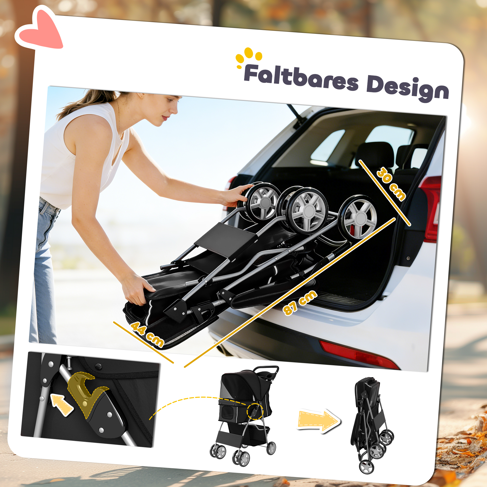 Hundewagen Faltbar Hundebuggy mit Reflektorstreif Aufbewahrungskorb Kissen für kleine Hunde bis 10 kg 77x44x102 cm Schwarz