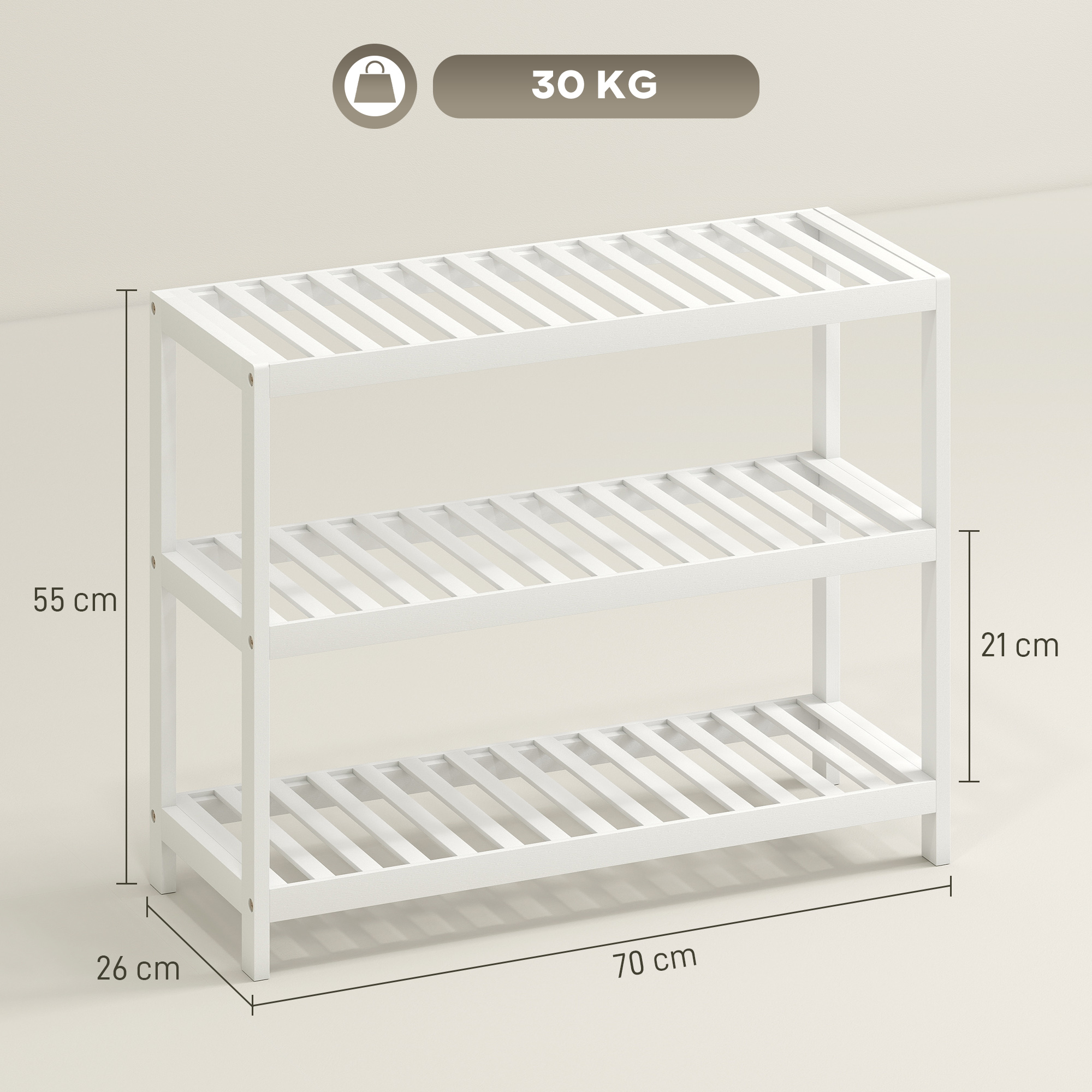 3-stufiges Bambusregal, Schuhregal, Aufbewahrungsregal, lackierte Oberfläche, Weiß