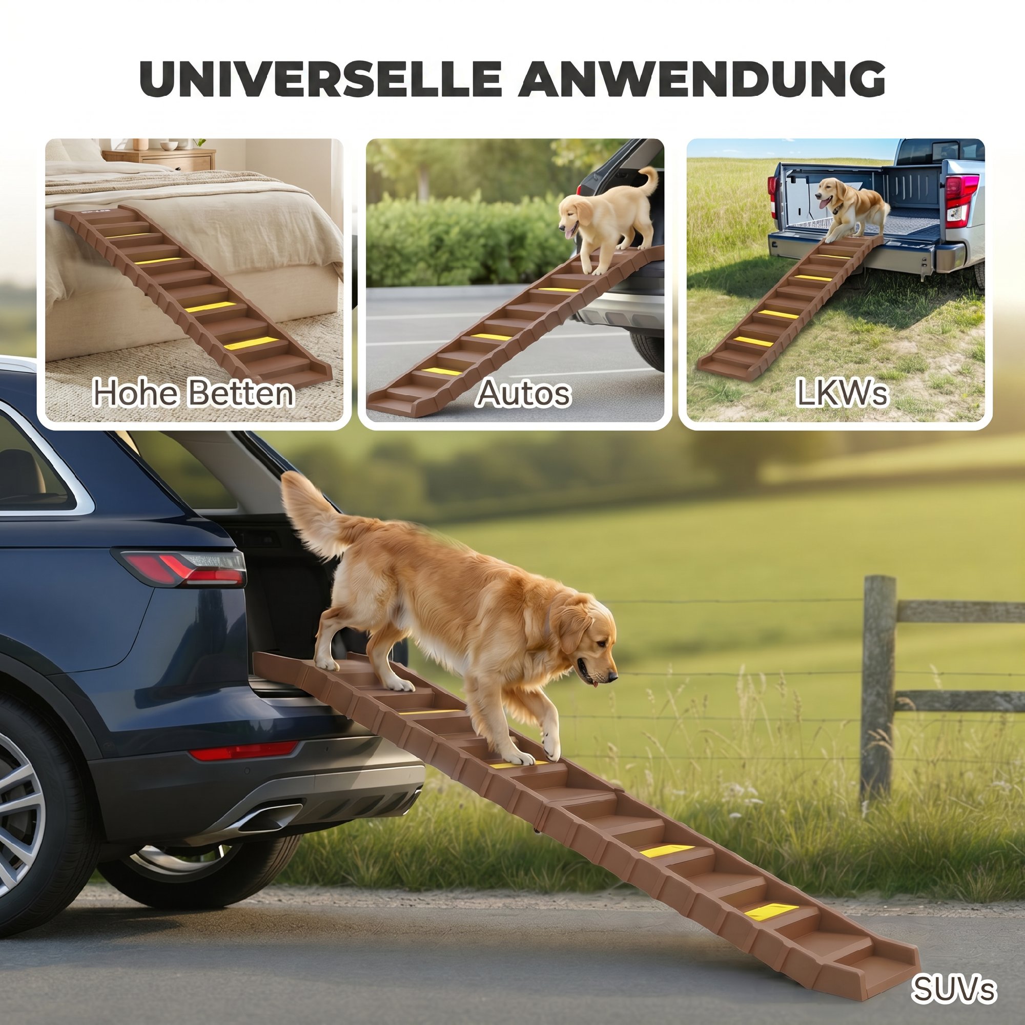 Hunderampe Auto klappbar Hundetreppe mit 10 Stufen Rutschfester Oberfläche, 154x40cm ür mittelgröße Hunde bis 25kg