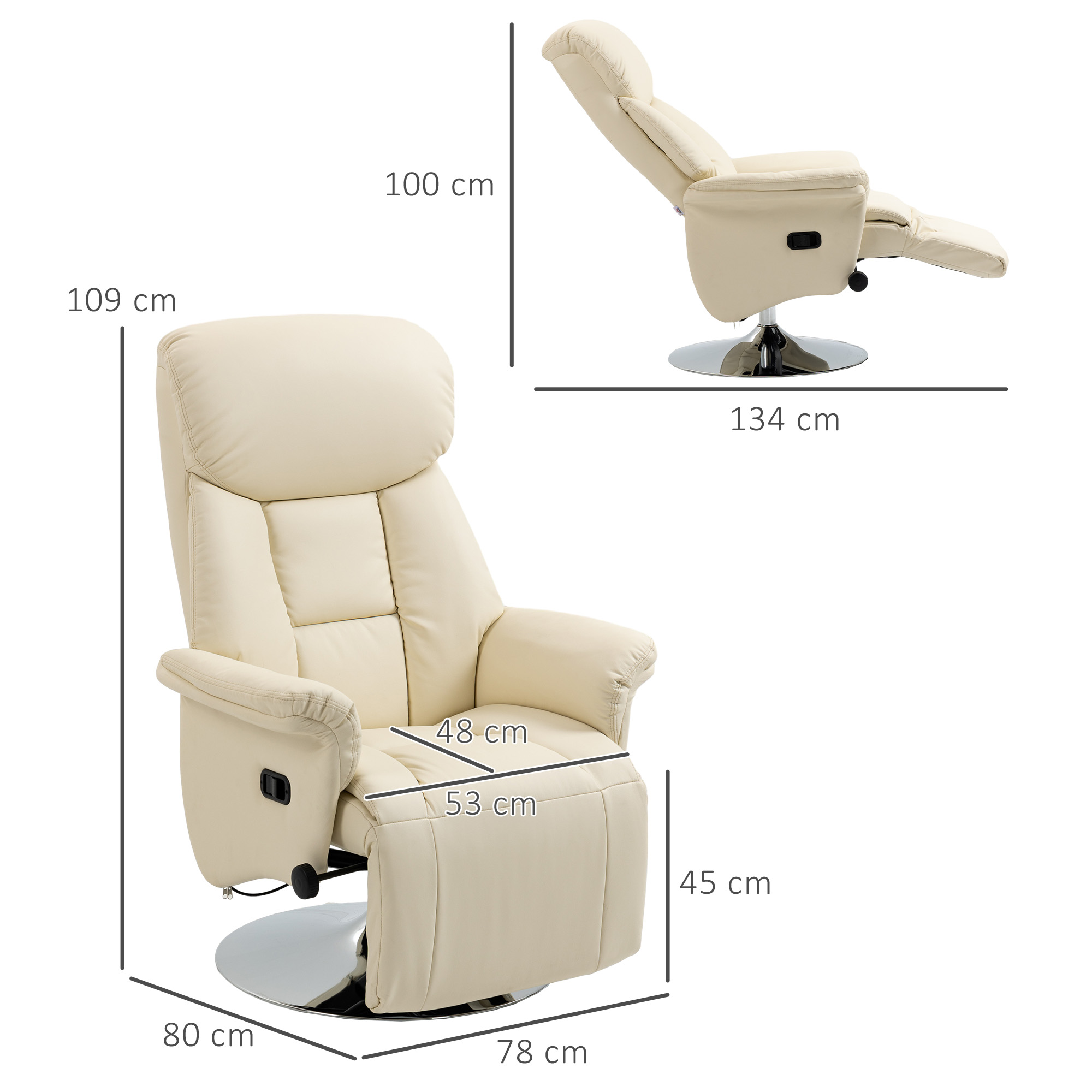 Relaxsessel, Liegefunktion, Lederoptik, Fußstütze, bis 150 kg, 78 x 80 x 109 cm, Creme