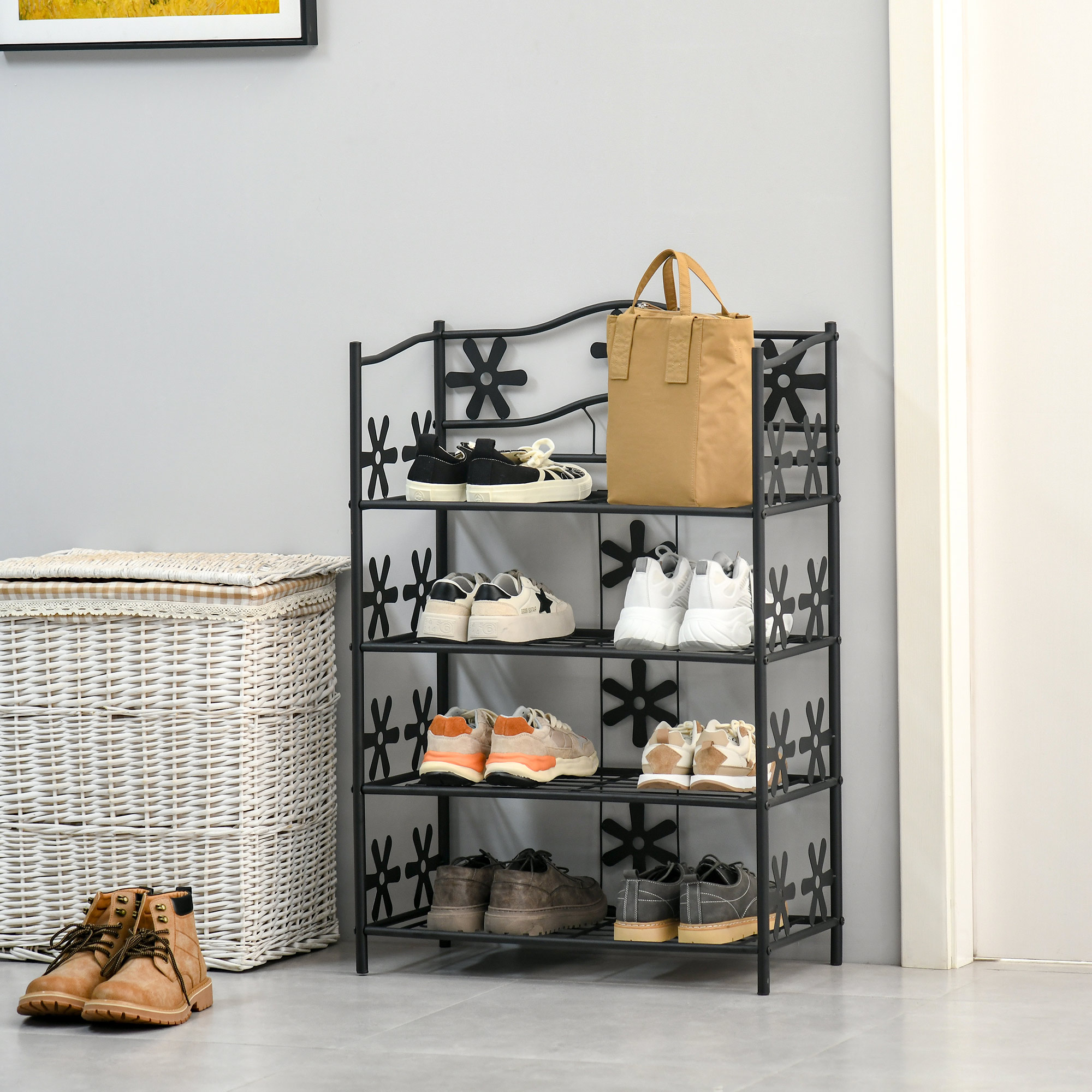 kleines Schuhregal Platzsparend Blumenregal Pflanzentreppe Standregal Ständer 4 Etagen Metall Schwarz 59,5 x 30 x 92 cm