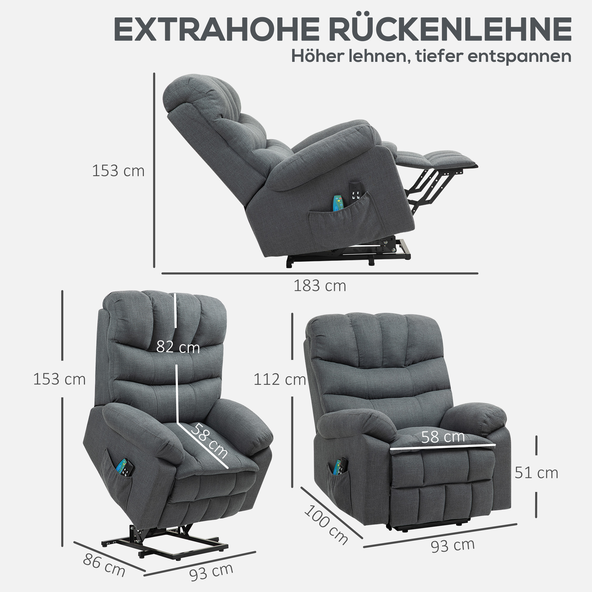 Aufstehsessel, elektrischer Liegesessel mit Massagefunktion, Polstersessel mit Aufstehfunktion, Metall, Stoff, Grau