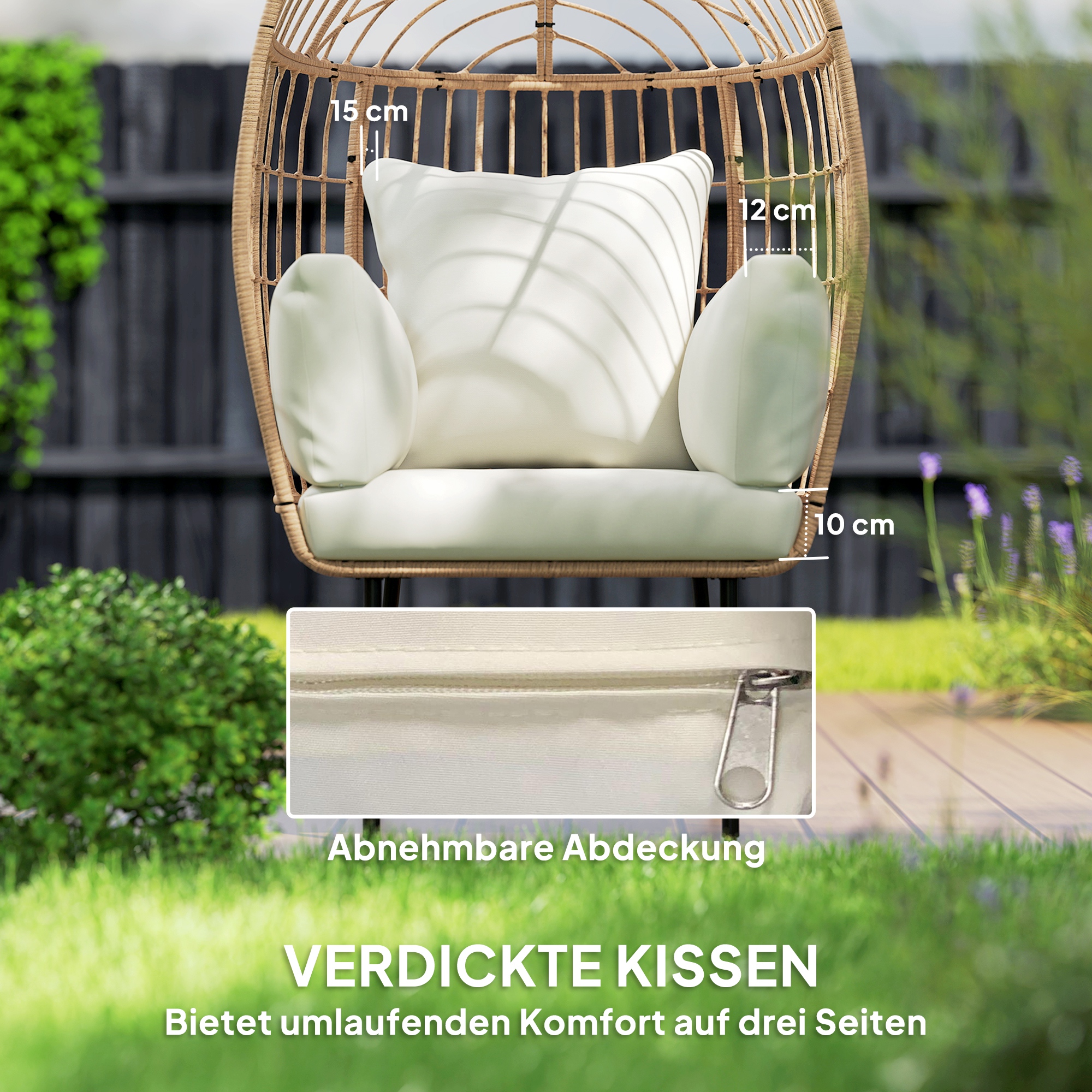 Rattansessel Ei-Förmig mit abnehmbarem Kissen, Polster, Outdoor Sessel aus Rattan 95 x 80 x 155 cm Beige