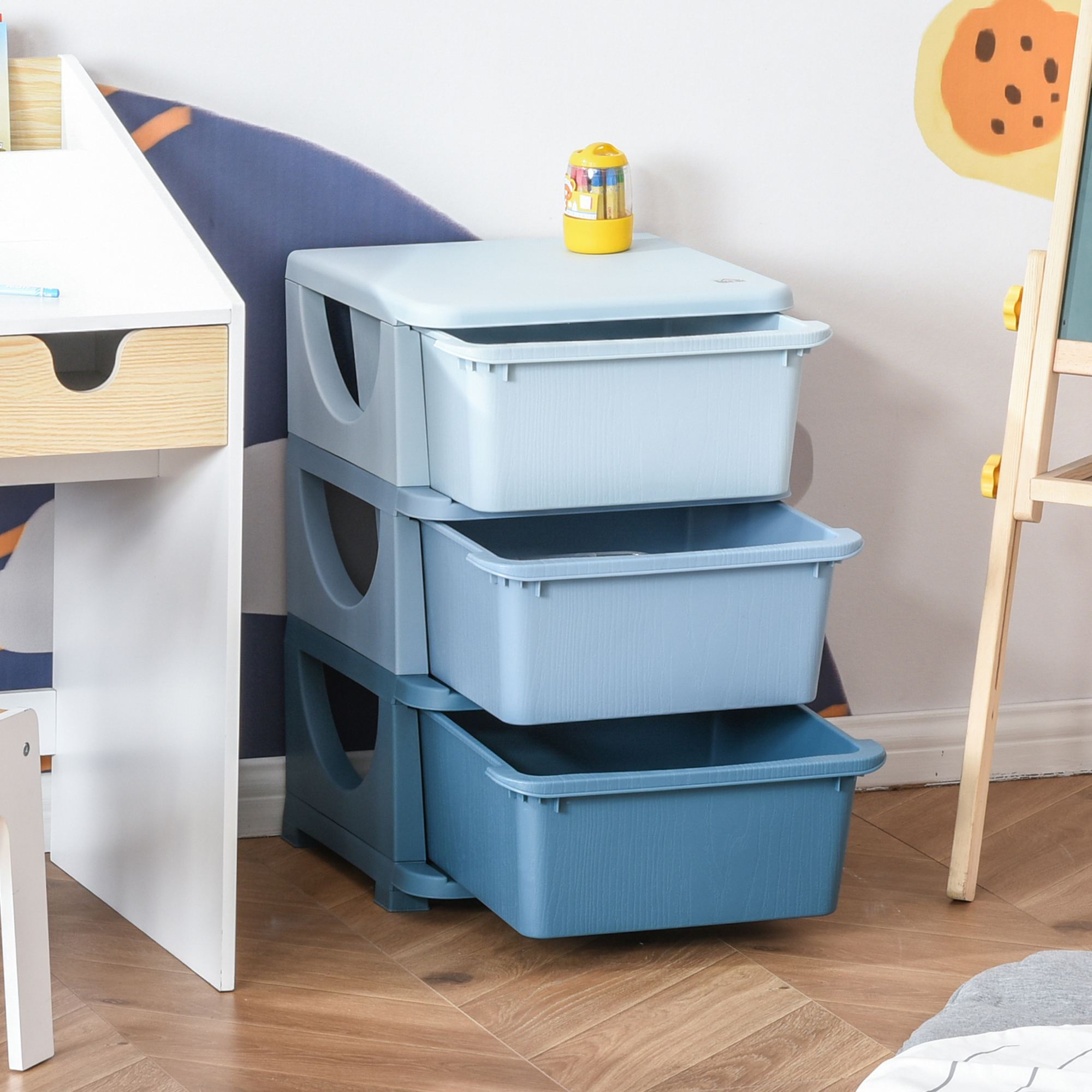 Aufbewahrungsboxen für Kinder, 3 Schubladen, abgerundete Kanten, erhöhtes Design, 37x37x56,5 cm, Blau