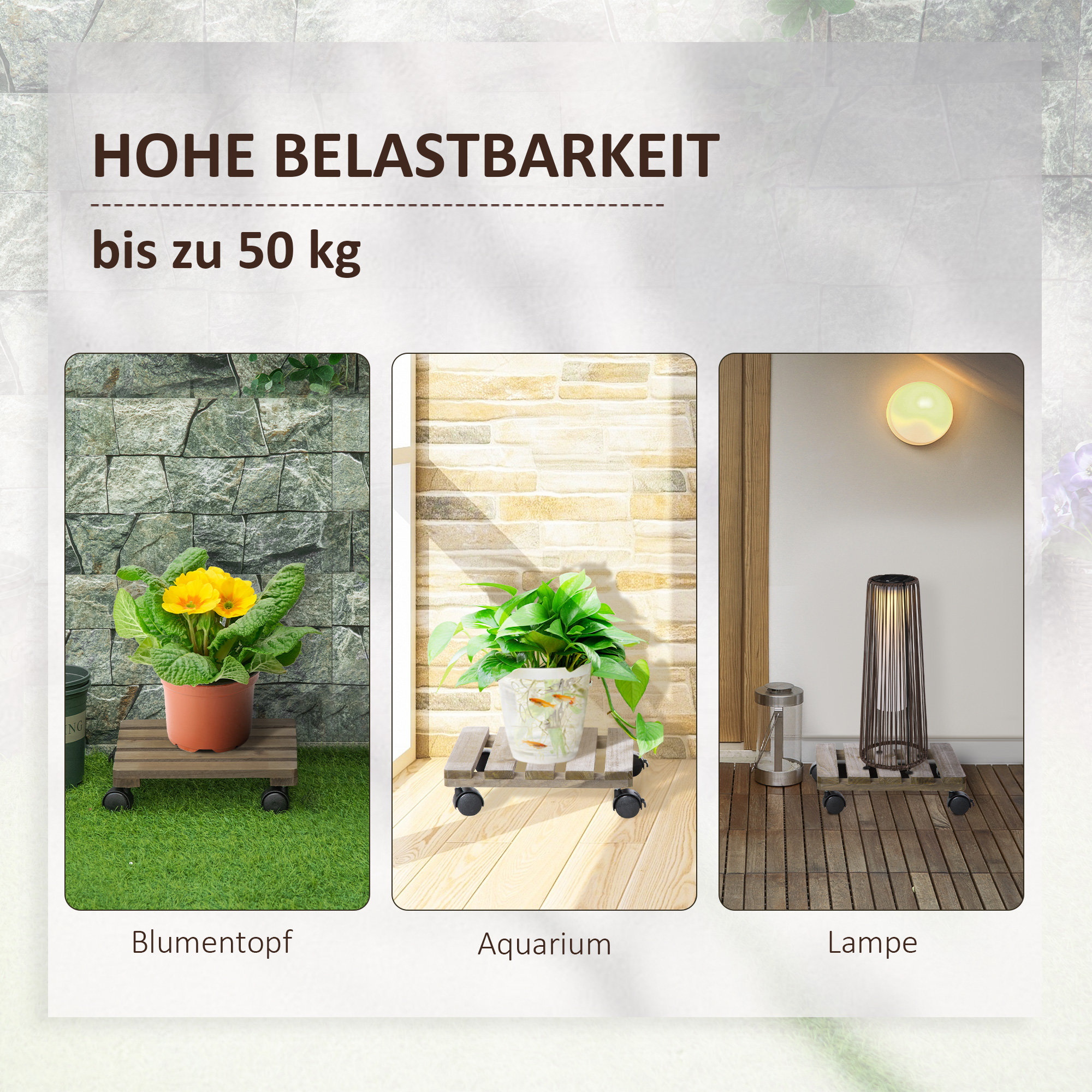 2er-Set rollende Pflanzenständer, Massivholz, 4 Rollen mit Bremsen, 30 cm x 30 cm x 7 cm, Braun + Schwarz