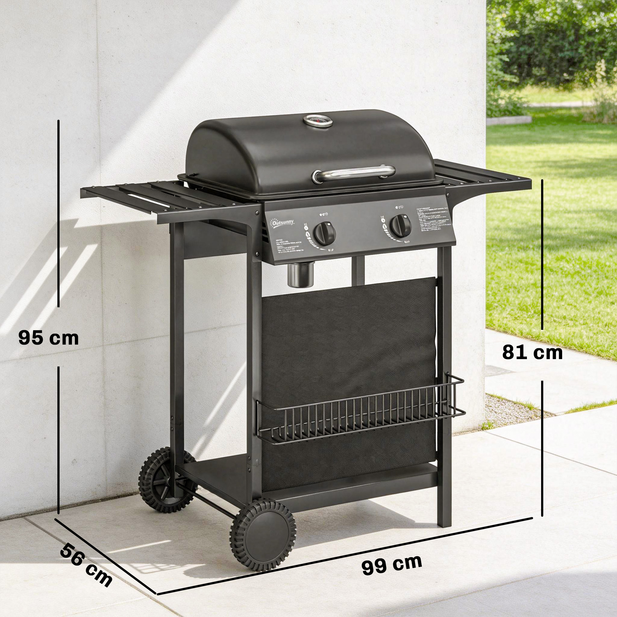 Gasgrill 5 KW 2 Brenner BBQ Grillwagen Edelstahl inkl Seitentisch Unterkorb Frontabdeckung Thermometer Emaille-Grillrost