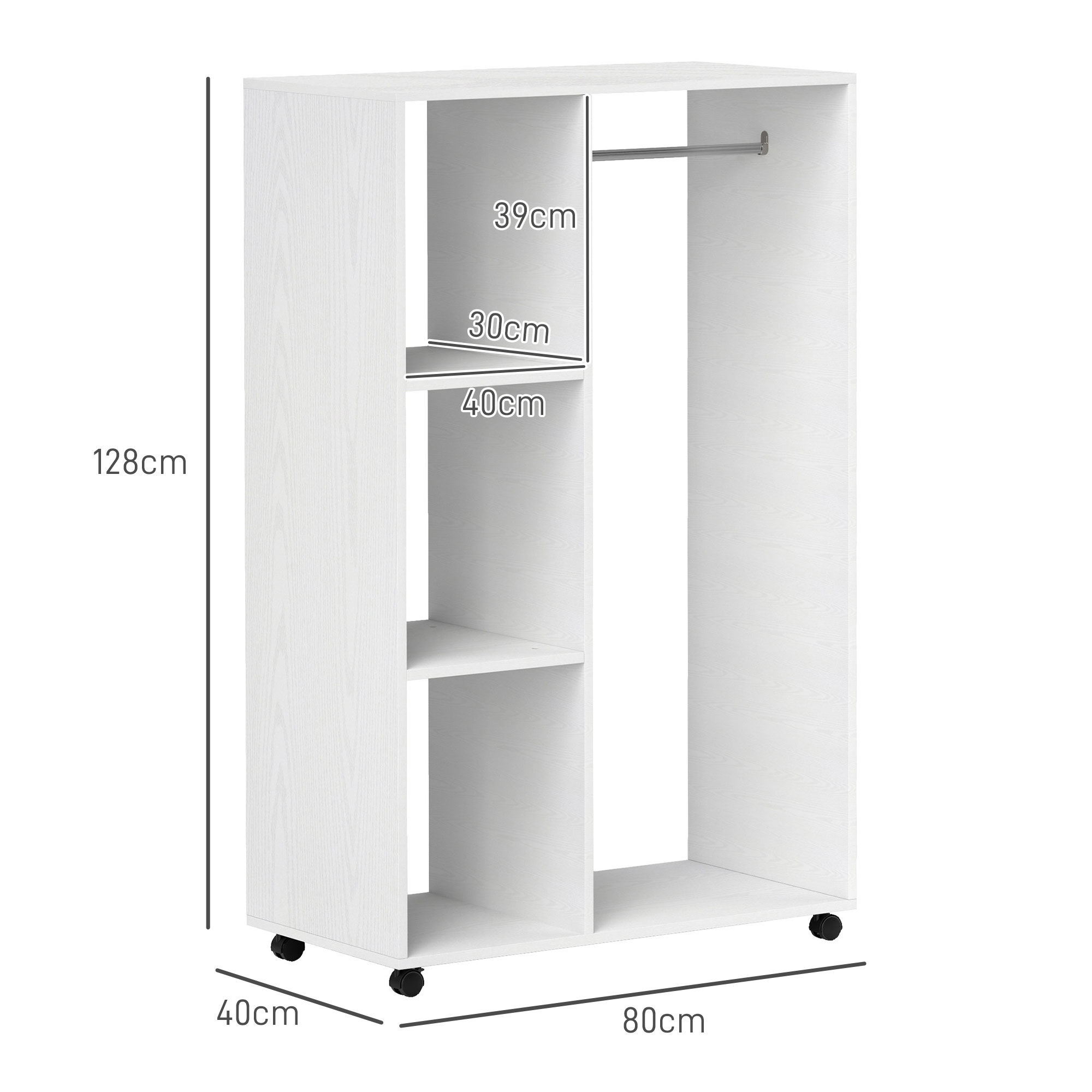 Kleiderschrank auf Rollen, mobile Garderobe, Garderobenschrank, Rollbarer Kleiderständer, 80 x 40 x 128 cm, Weiß