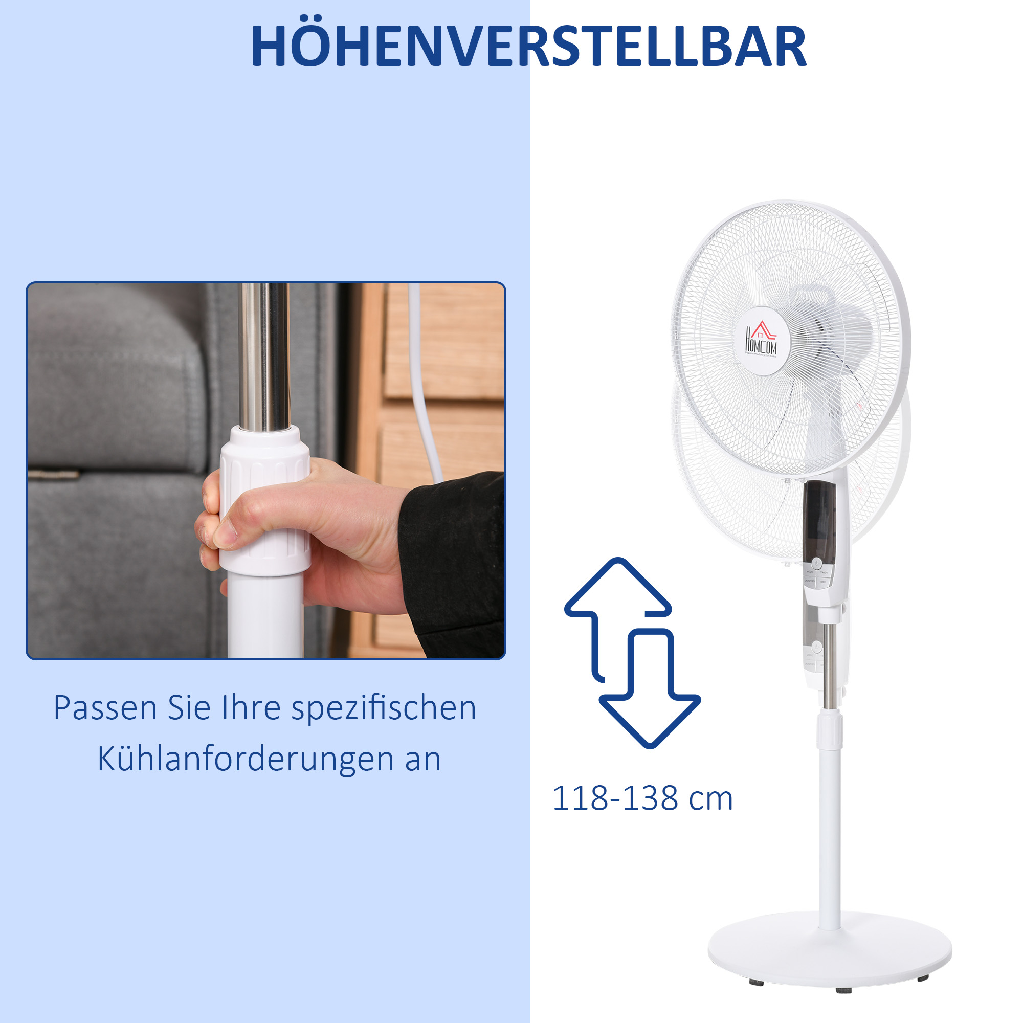 Standventilator, 3 Geschwindigkeiten, 3 Modi, Timer, Fernbedienung, 45 x 42 x 118-138 cm, Weiß