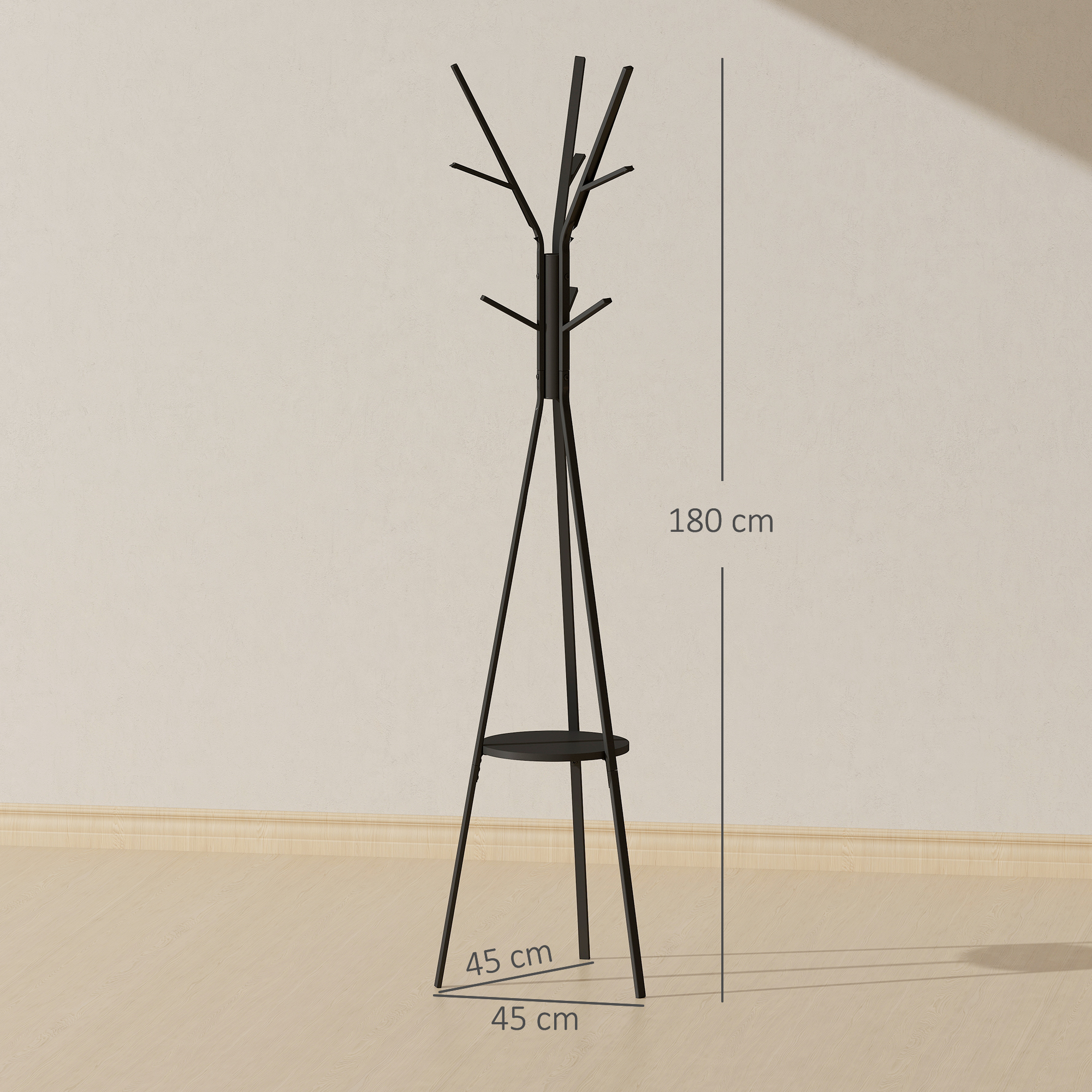 Garderobenständer Kleiderständer mit Ablage und 8 Haken Jackenständer Moderner Garderobe für Kleidung Hut Tasche, Wohnzimmer, Schwarz